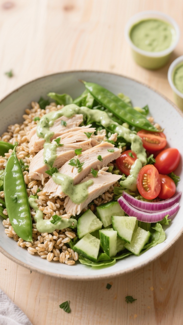 Overhead composed salad shot: Green Goddess chicken and farro salad in a wide shallow bowl—chewy farro, shredded chicken breast, sliced sugar snap peas, halved cherry tomatoes, diced English cucumber, and thin slices of red onion. Generous drizzle of creamy green goddess dressing, sprinkled fresh herbs. Crisp, fresh, meal-prep vibe on a light wood table with small containers of extra dressing.