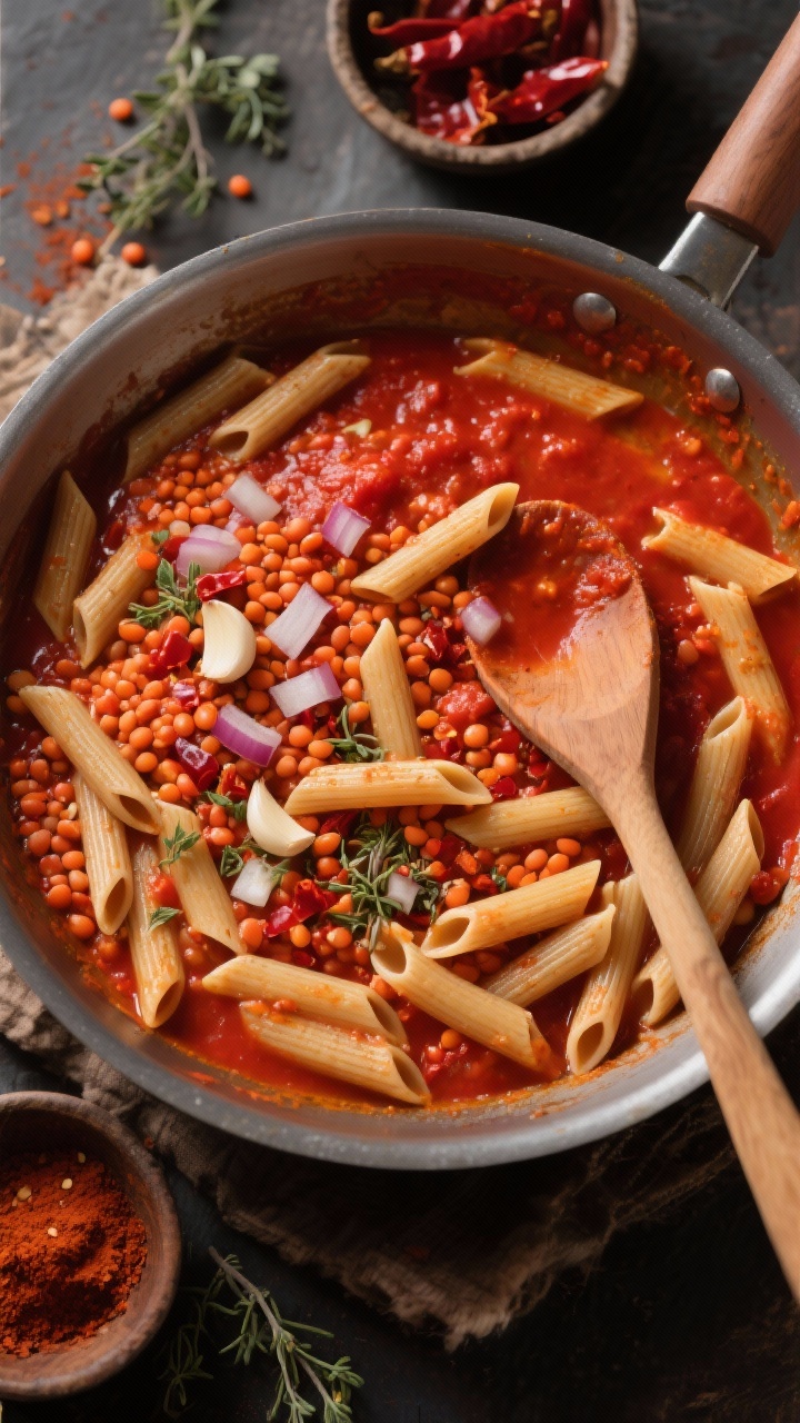 Overhead cooking process shot of whole-wheat penne simmering in a spicy tomato-lentil sauce in a deep sauté pan; visible red lentils, finely chopped onion, minced garlic, crushed red pepper flakes, smoked paprika, and dried oregano fleck the bright, thick tomato base; a wooden spoon coated in the sauce rests on the pan’s edge; rustic mood with deep reds and warm shadows, ingredients (paprika, oregano) scattered in small bowls nearby.