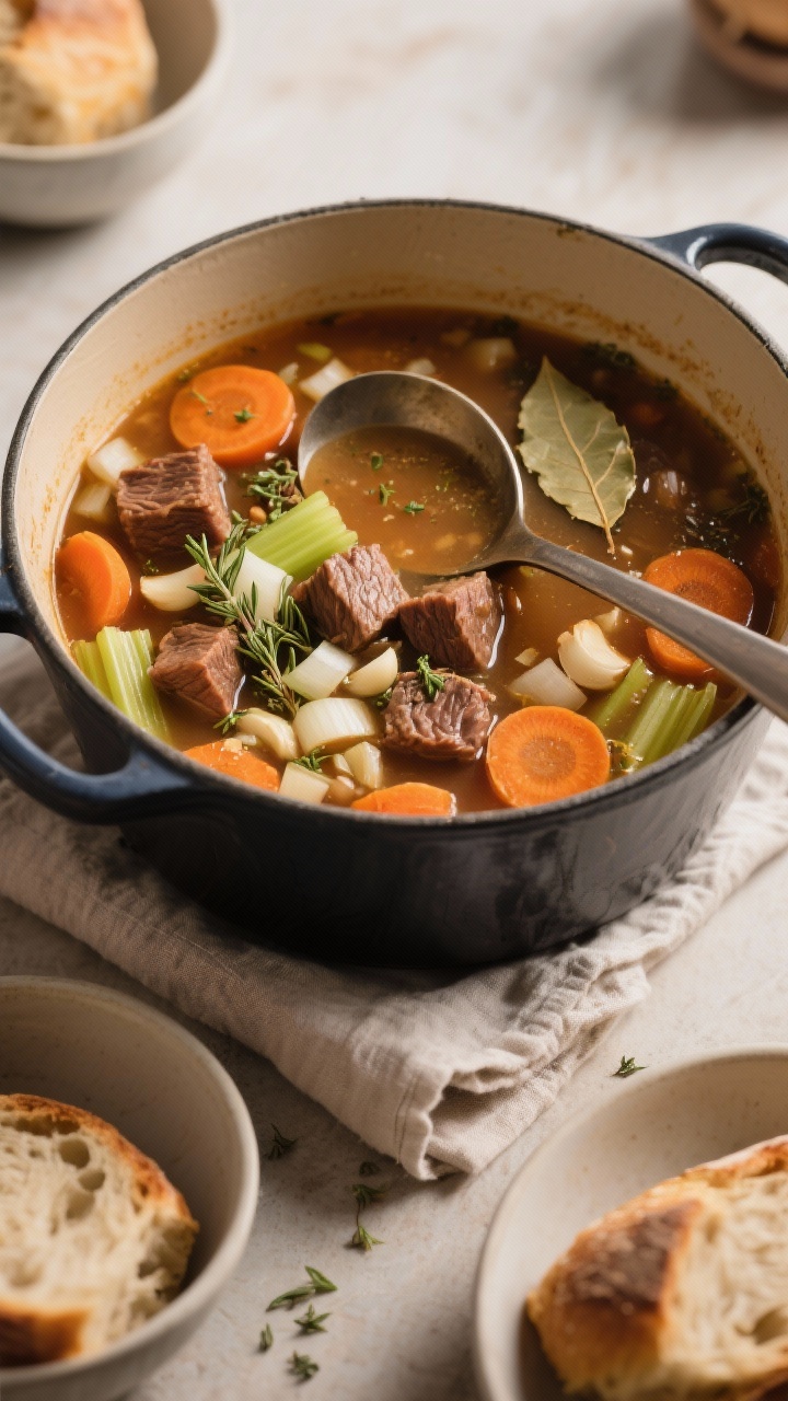Overhead cozy soup scene: a Dutch oven filled with beef and veggie soup—1/2-inch beef cubes, chopped onion, carrot coins, celery slices, minced garlic; flecks of dried oregano and thyme, bay leaf peeking through; broth rich and slightly glossy; ladle resting across the pot, side bowls with crusty bread, warm, homey ambiance with linen napkin.