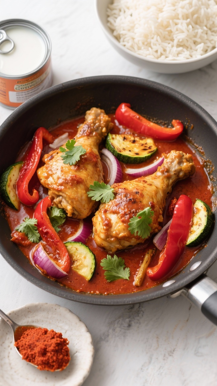 Overhead curry skillet: boneless chicken thighs simmered in a silky coconut-curry sauce tinted deep red from red curry paste, with roasted red bell pepper strips, zucchini half-moons, and softened red onion petals. Garnish with fresh cilantro and serve alongside a bowl of fluffy basmati rice. Show the open can of coconut milk and a spoonful of red curry paste on a small dish to emphasize ingredients.