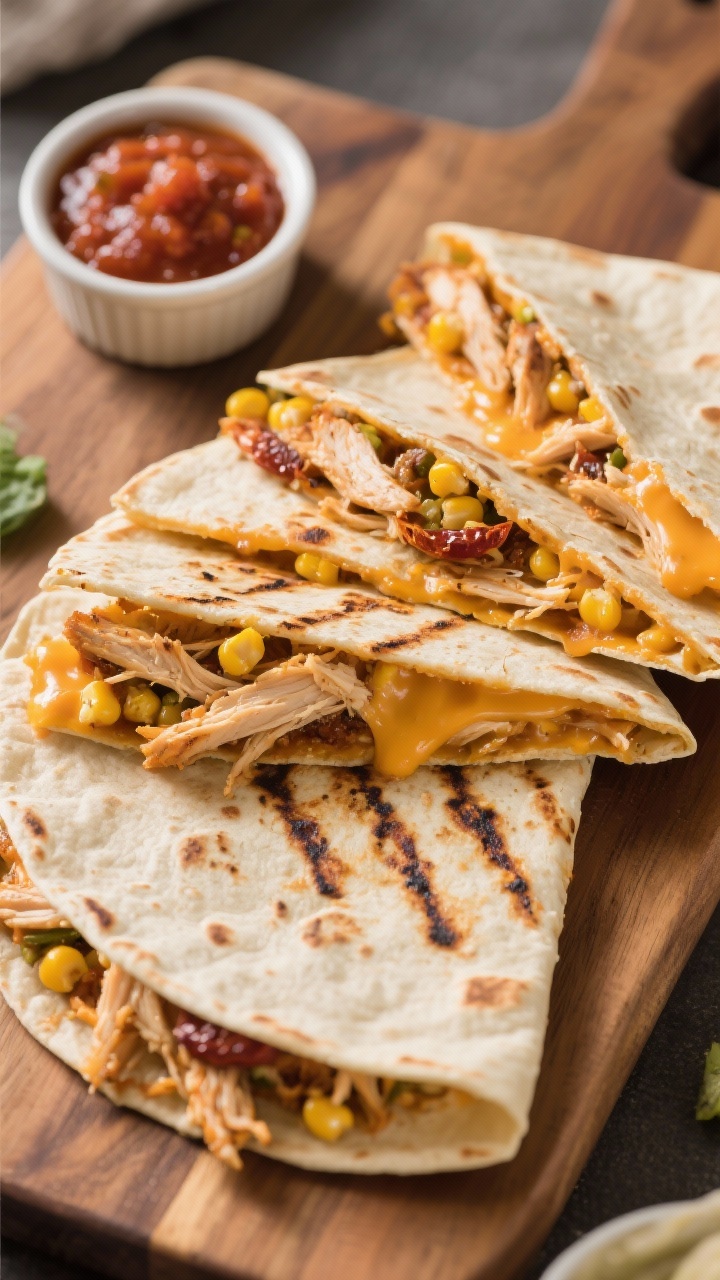 Overhead cutaway of smoky chipotle chicken quesadillas on a wooden board: flour tortillas griddled to golden, oozing cheddar/Mexican blend, shredded rotisserie chicken tossed with chipotle, sweet corn kernels studded in the filling, wedges fanned out with char marks visible, small ramekin of chipotle salsa nearby, casual weeknight feel.