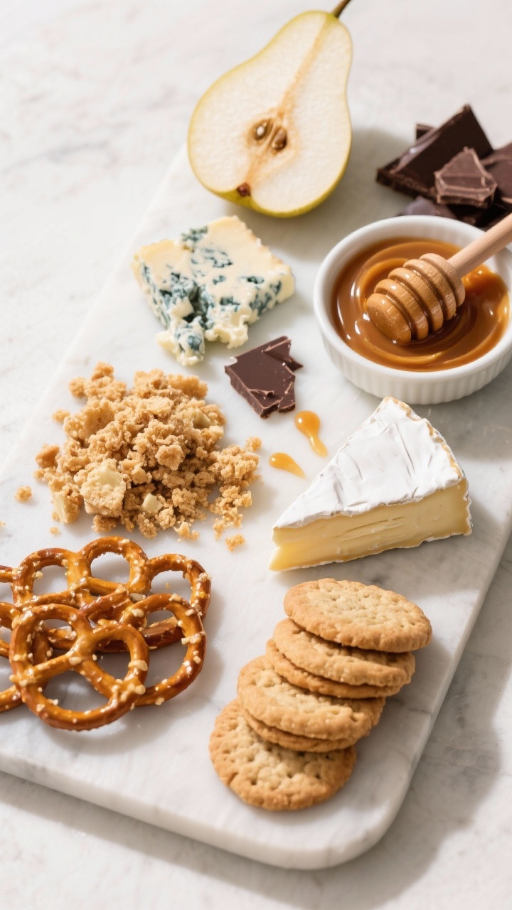 Overhead dessert-grazer board with sweet contrasts: crumbles and small wedges of blue cheese (Gorgonzola or Stilton), a dollop of mascarpone or slices of triple-cream brie, tidy stacks of ginger snaps and shortbread cookies, chocolate-dipped pretzels, a small bowl of glossy caramel sauce, and a drizzle-ready honey dipper nearby. Add a few slices of ripe pear and shards of dark chocolate for accent. Bright, clean lighting to make the caramel shine and cheeses look lush, no people.
