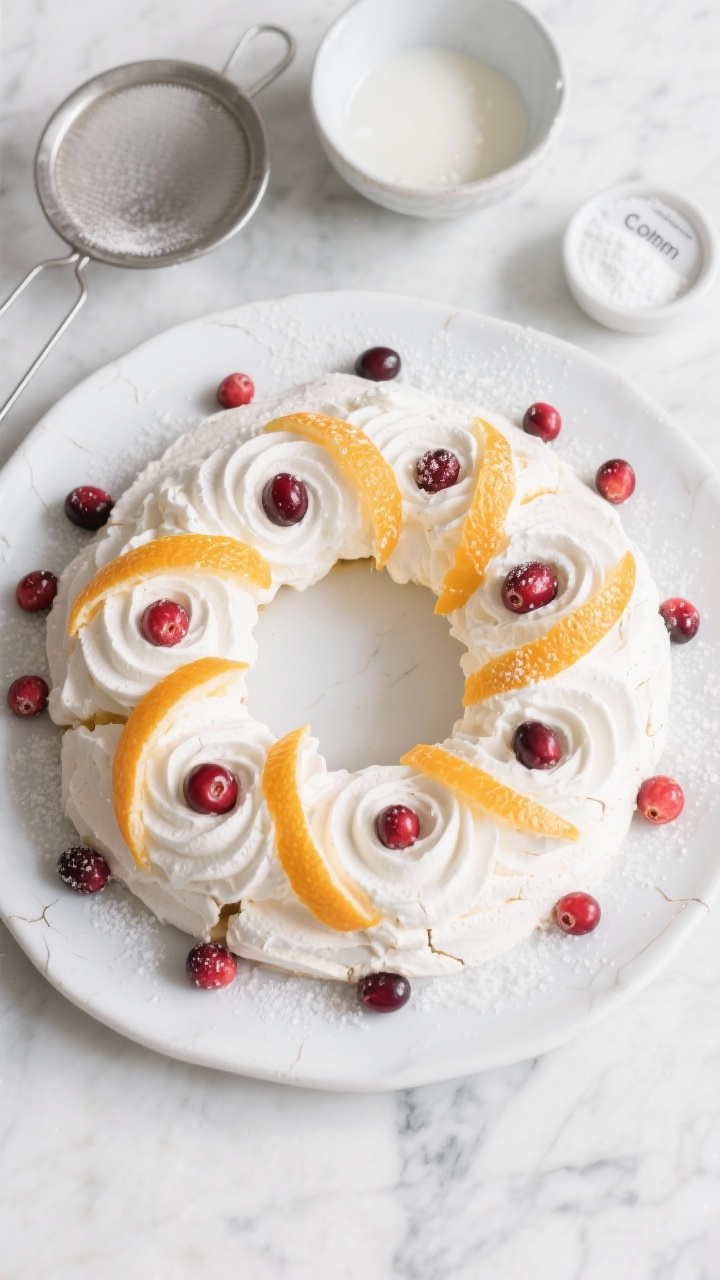Overhead festive shot of a cranberry orange pavlova wreath on a white ceramic platter: crisp, marshmallow-centered meringue ring with delicate cracks, whipped cream swirls, fresh cranberries and thin orange zest ribbons scattered across; subtle dusting of superfine sugar; include a small sieve, a bowl of egg whites, and a tiny dish labeled cornstarch to hint at the method; bright, airy lighting on a marble surface.