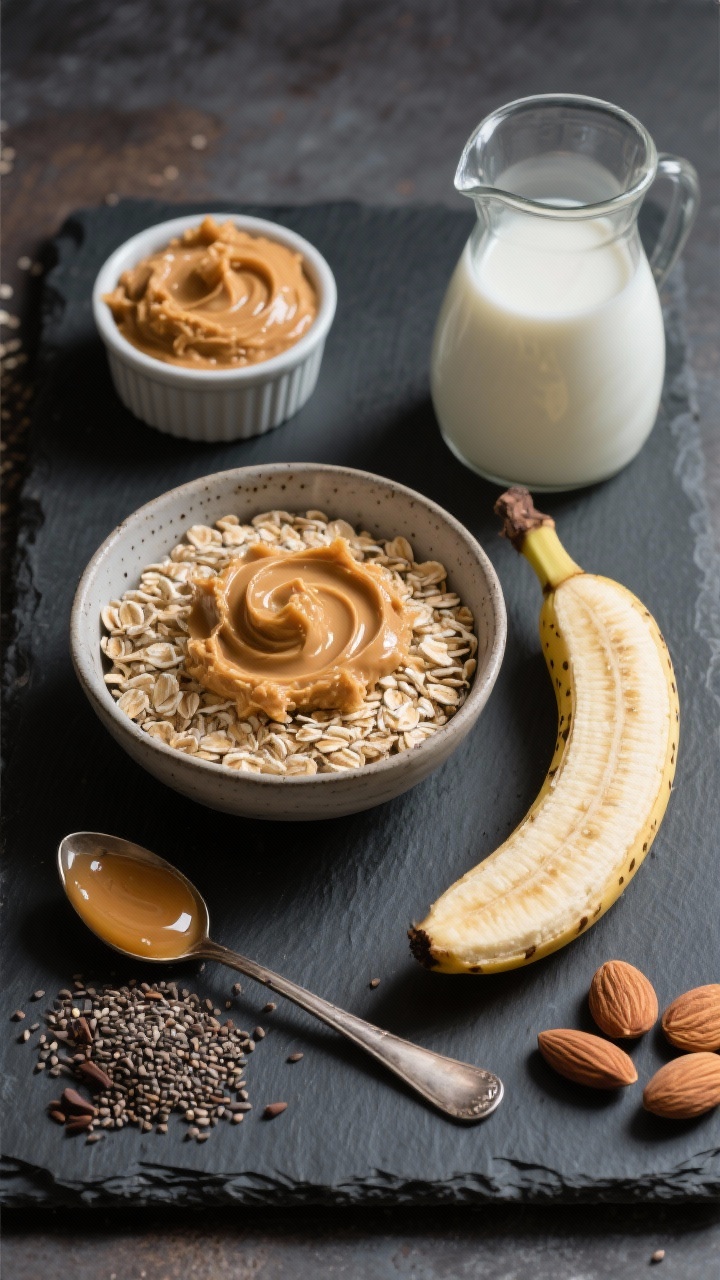 Overhead flat lay ingredient-prep scene for peanut butter banana split oats: rolled oats in a bowl, mashed ripe banana in a ramekin, a spoonful of natural peanut butter, chia seeds, and almond milk in a small carafe arranged neatly on a slate board. Include a half banana with a few coin slices, a tiny drizzle of maple syrup, and a cocoa nib pinch for optional garnish. Moody side light highlighting creamy peanut butter swirls and the speckled banana mash.