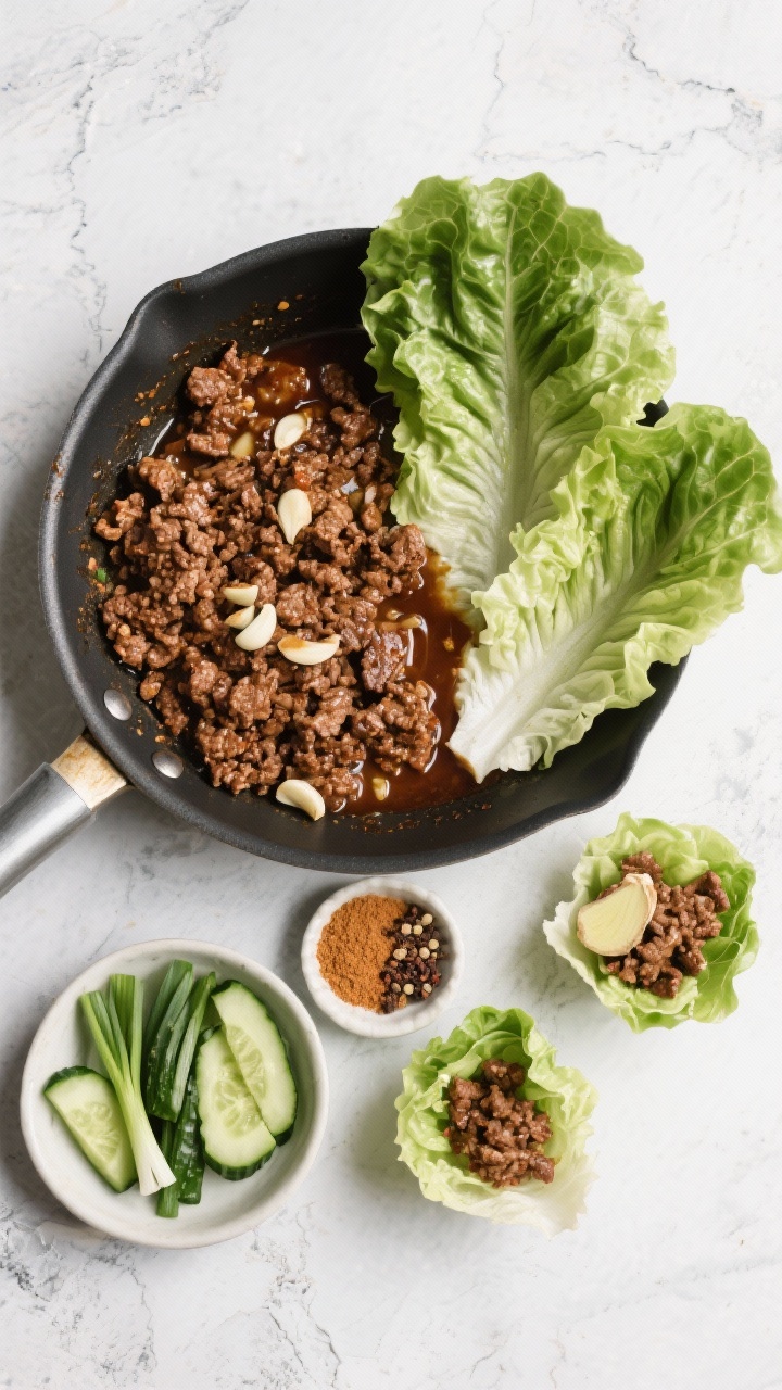 Overhead flat lay ingredient-to-assembly scene for Five-Spice Beef Lettuce Cups: browned ground beef tossed with hoisin, soy sauce, rice vinegar, Chinese five-spice, minced garlic and ginger in a shallow pan; crisp butter lettuce leaves fanned out; thinly sliced crunchy cucumbers and scallions in small bowls; a tiny dish of five-spice powder; everything arranged on a light stone surface ready to build vibrant lettuce cups.