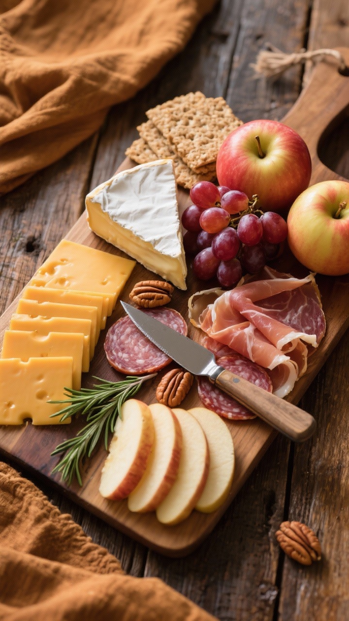 Overhead flat-lay of a cozy Thanksgiving charcuterie board on a rustic wooden table: neat rows of sliced sharp aged cheddar, a room-temperature creamy brie wedge with a small cheese knife, coins of soppressata or Genoa salami, loosely folded ribbons of prosciutto, a cluster of seedless red grapes, and slices of two small Honeycrisp apples fanned out. Add sprigs of rosemary, a few pecan halves, and whole-grain crackers for texture. Warm, golden afternoon light, muted autumn linens, no people, crisp focus and shallow depth around the cheeses.