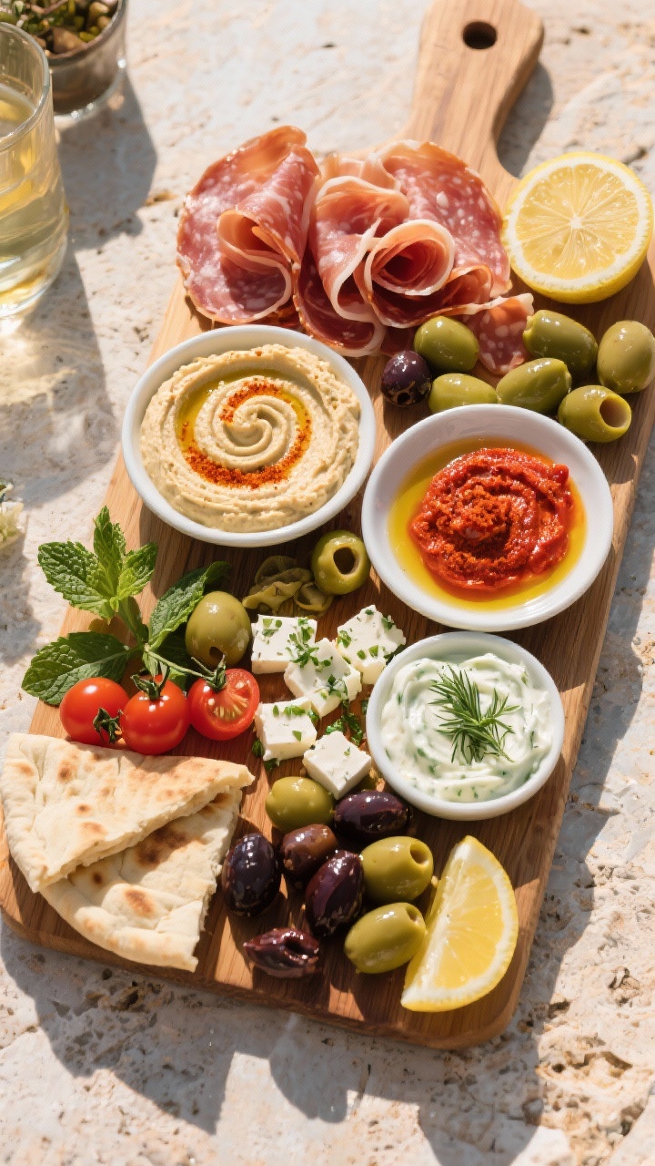 Overhead flat lay of a Mediterranean mezze charcuterie board on a sunlit stone surface: thinly sliced prosciutto or Italian salami folded into ruffles, twin swirls of creamy hummus (one classic, one roasted red pepper) with olive oil and paprika, cool tzatziki with dill, marinated feta cubes glistening with herbs, and a mixed olive medley (Kalamata, green, Castelvetrano). Add warm pita wedges, lemon slices, grape tomatoes, and fresh mint for color. Bright, sun-kissed mood, crisp shadows, high detail on glossy olives and velvety dips. No people.
