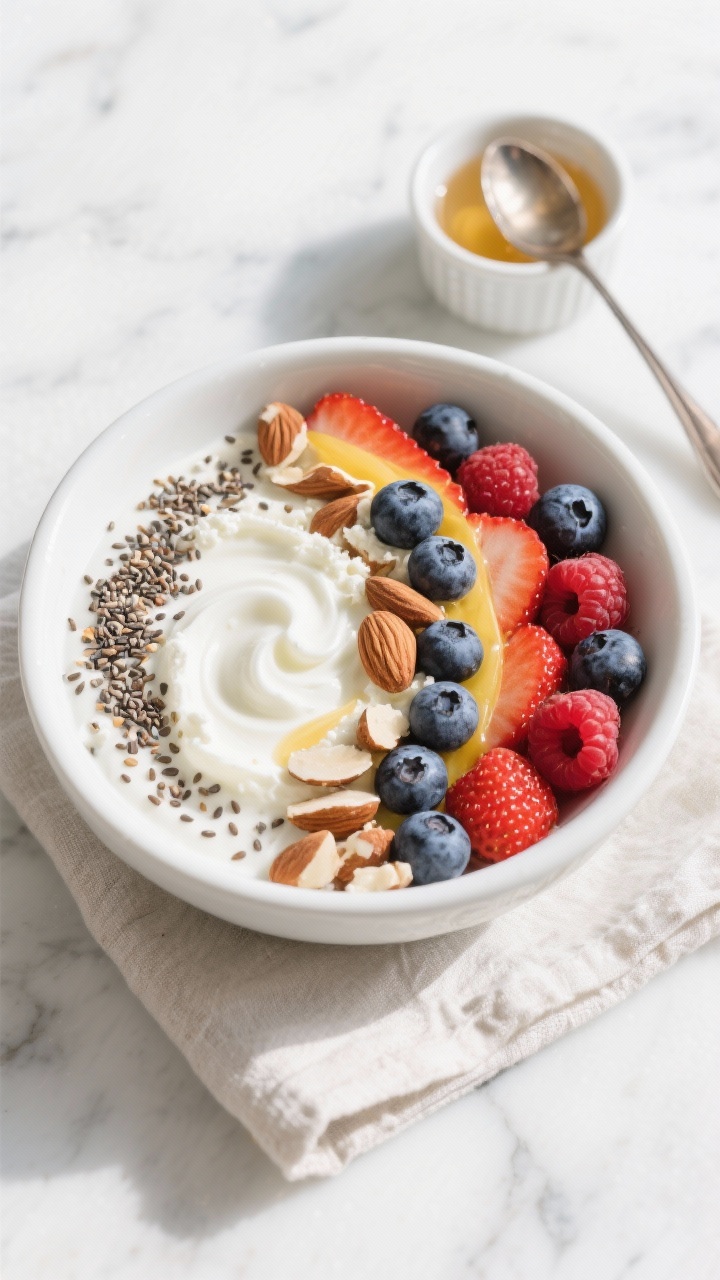 Overhead flat lay of a Sunshine Greek Yogurt Bowl: 3/4 cup plain 2% Greek yogurt swirled with 1/4 cup low-fat cottage cheese in a white ceramic bowl, topped with a neat tri-color arc of mixed berries (strawberries, blueberries, raspberries), 1 tablespoon chia seeds sprinkled like confetti, and 1 tablespoon unsalted chopped almonds. Drizzle of clear honey optional on the side in a tiny ramekin, spoon resting on a linen napkin, bright morning light on a white marble surface. Focus on creamy textures, berry juiciness, and chia crunch; no people.