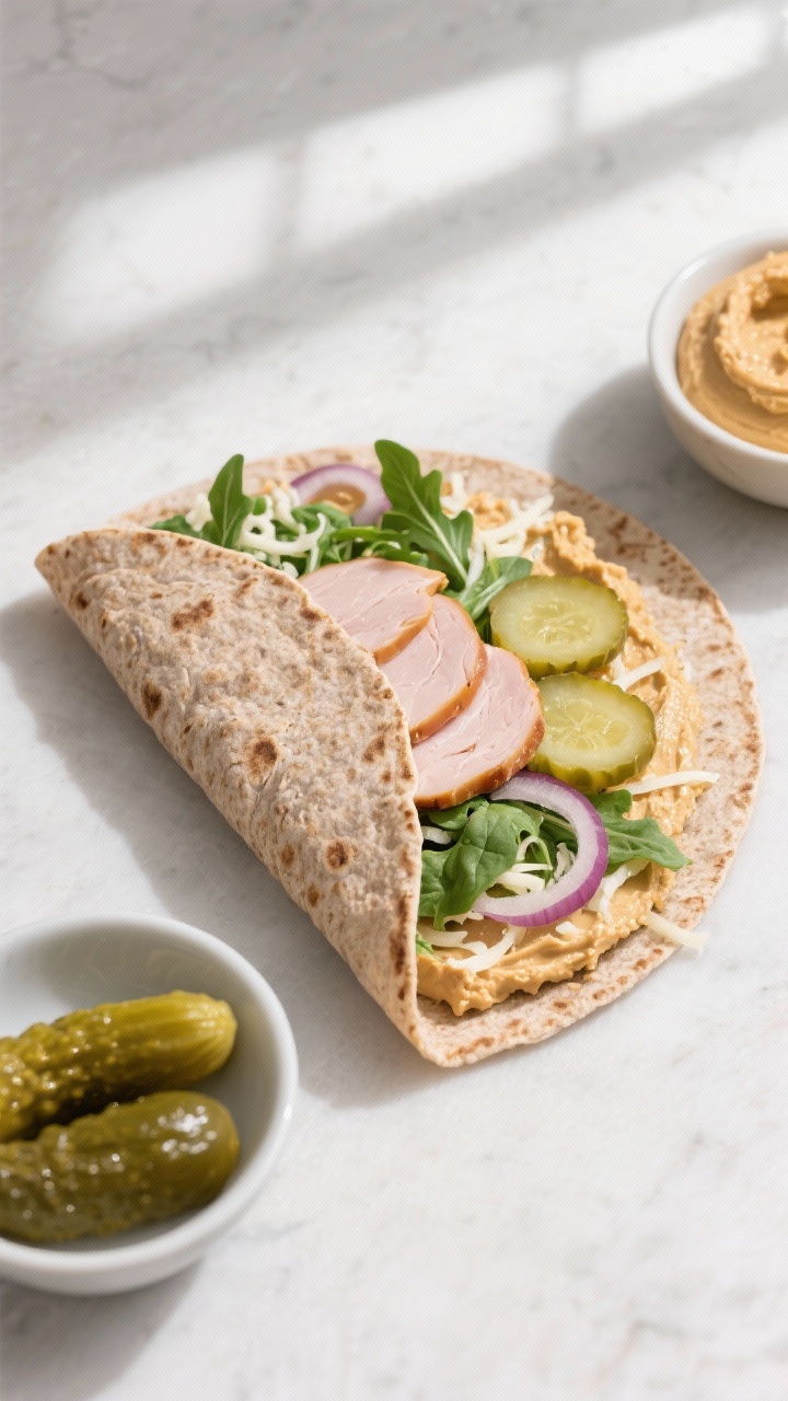 Overhead flat lay of a tortilla breakfast roll-up assembly: whole-wheat tortilla spread with hummus, layered with 2–3 slices of deli turkey, a handful of baby spinach/arugula, optional shredded cheese, and a line of thinly sliced pickles or pickled onions for tangy crunch; one edge slightly folded to show rolling direction; minimal props—small bowls of hummus and pickles; clean lines, high color contrast, natural window light.