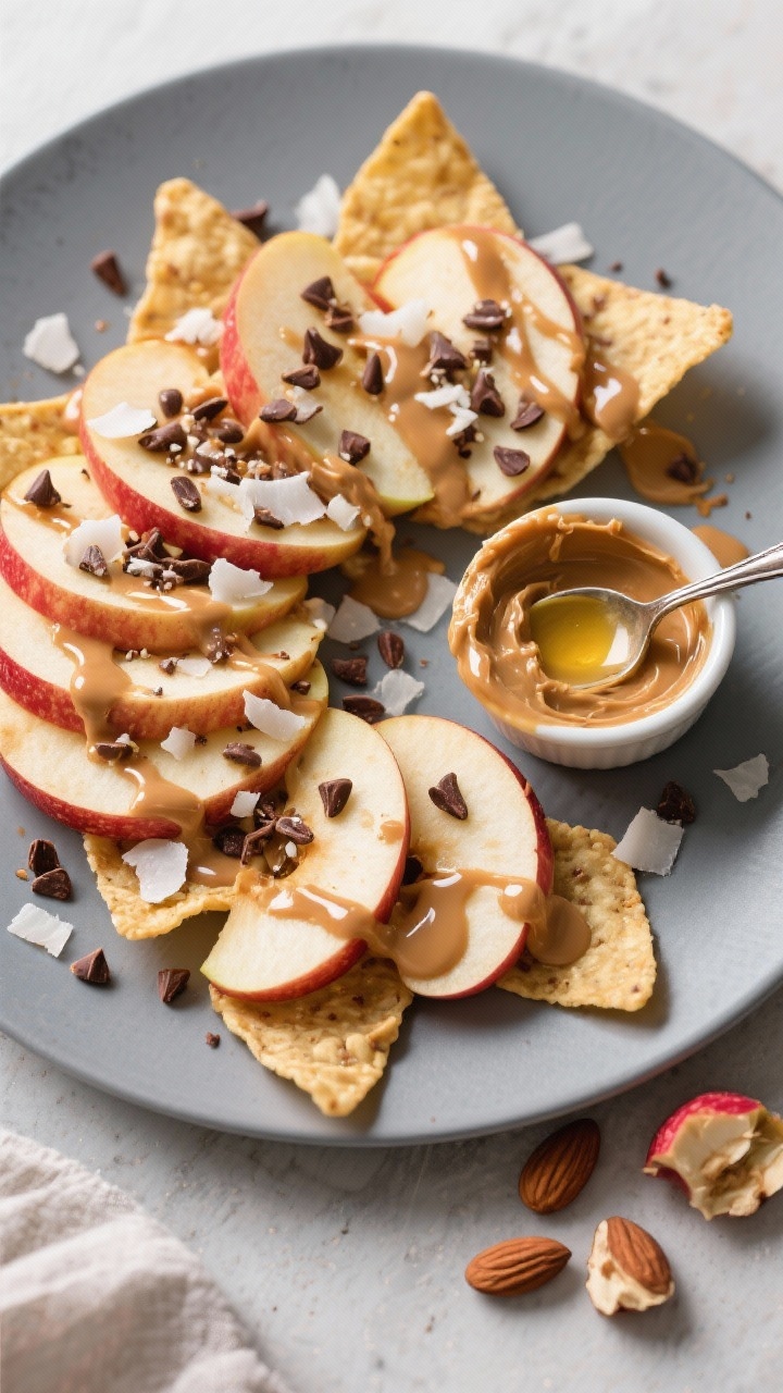 Overhead flat lay of apple nachos: thinly sliced Honeycrisp apple rounds fanned on a large matte plate, drizzled with warm almond butter loosened with a touch of coconut oil, sprinkled with unsweetened cacao nibs and coconut flakes. Add a small ramekin of nut butter, a teaspoon with coconut oil sheen, and a few apple seeds/cores off to the side. Crisp highlights on the apples, high contrast to emphasize the glossy drizzle and crunchy cacao.