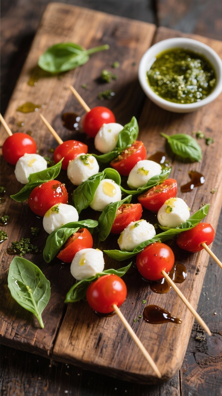 Overhead flat lay of Caprese skewers: cherry tomatoes, mini mozzarella balls, and fresh basil leaves threaded onto short skewers, drizzled with olive oil, basil pesto, and a glossy balsamic reduction; scattered basil leaves and a small bowl of pesto on a rustic wooden board; saturated colors and directional light to make the reds, whites, and greens pop.