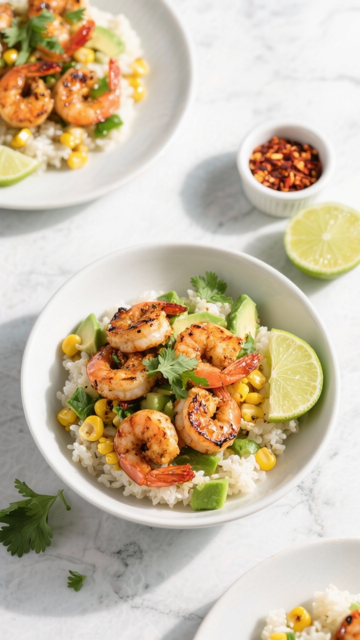 Overhead flat lay of Chili-Lime Shrimp Bowls: seared chili-lime shrimp piled over fluffy cauliflower rice, with charred corn kernels, diced avocado, lime wedges, and a sprinkle of cilantro on matte white bowls; a small ramekin of chili flakes and a halved lime show zest; bright, sunlit scene on a light stone surface, vibrant greens and golden corn, clean modern styling, no people.