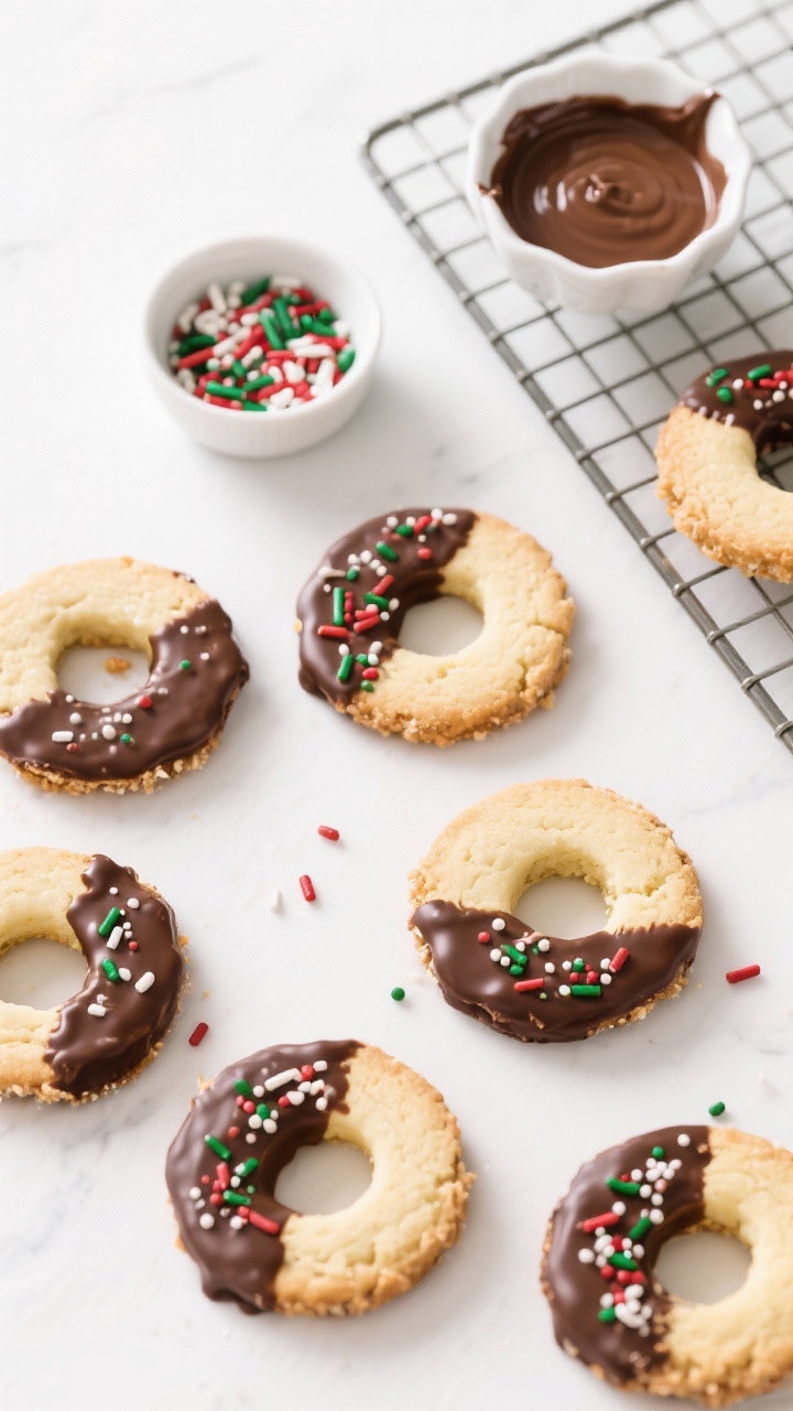 Overhead flat lay of chocolate-dipped shortbread wreath cookies: buttery ring-shaped shortbreads, half-dipped in dark or milk chocolate and decorated with festive holiday sprinkles; visible crumbly texture on the undipped portions; a small bowl of sprinkles, a dish of melted chocolate, and a cooling rack arranged neatly; bright, clean background for pop.