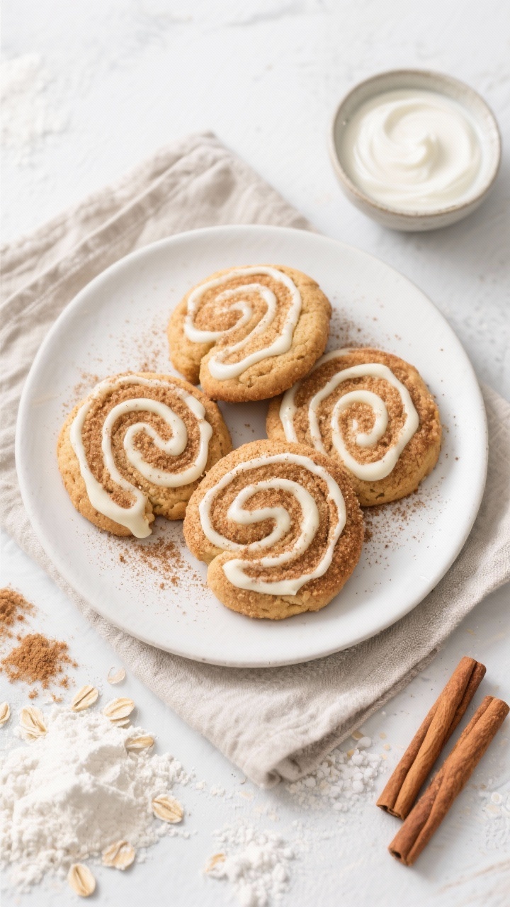 Overhead flat lay of cinnamon roll snickerdoodles on a matte white plate, each cookie dusted in cinnamon-sugar and finished with a thin creamy yogurt drizzle in spiral “cinnamon roll” patterns. Scatter white whole wheat flour, oat flour, baking powder/soda, fine sea salt, ground cinnamon, and granulated monk fruit or coconut sugar around the plate. Neutral linen and a small bowl of thick yogurt off to the side. Clean, bright light to make the cinnamon sparkle.