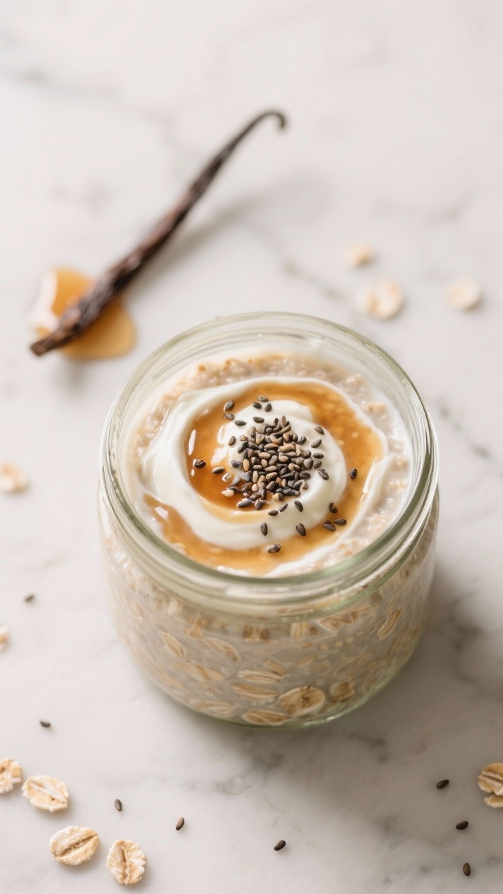 Overhead flat lay of Classic Maple-Vanilla overnight oats in a clear glass jar on a marble surface: creamy rolled oats soaked in unsweetened almond milk, swirled with plain Greek yogurt, pure maple syrup, vanilla extract, and sprinkled chia seeds on top; warm neutral tones, small maple syrup drizzle pooling, vanilla pod and extra chia seeds scattered, minimal props, natural morning light, crisp focus on glossy chia and silky oat texture.