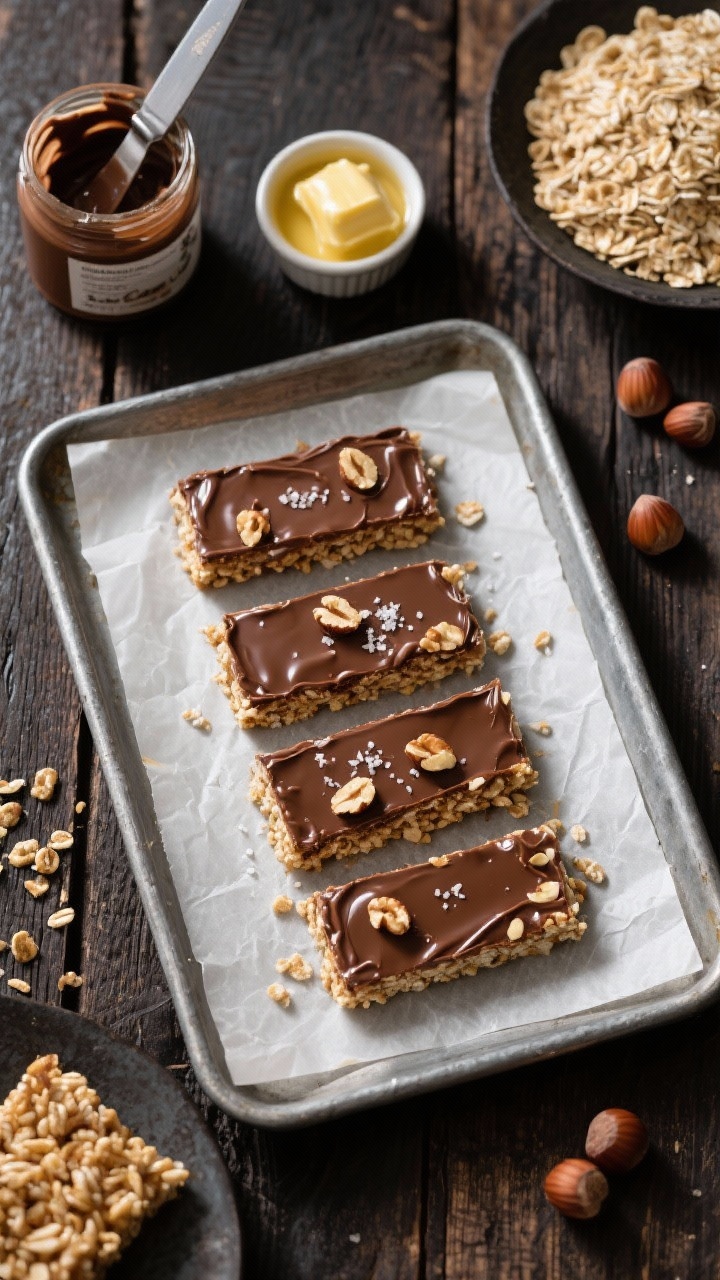 Overhead flat lay of five-ingredient chocolate hazelnut crunch bars sliced into neat rectangles on a parchment-lined metal tray; visible crispy rice cereal pockets, chopped toasted hazelnuts embedded, glossy chocolate-hazelnut spread finish with a pinch of fine sea salt flakes; ingredients staged around: jar of chocolate-hazelnut spread with knife, melted butter in a ramekin, extra cereal and hazelnuts; rustic baking scene on dark wood.