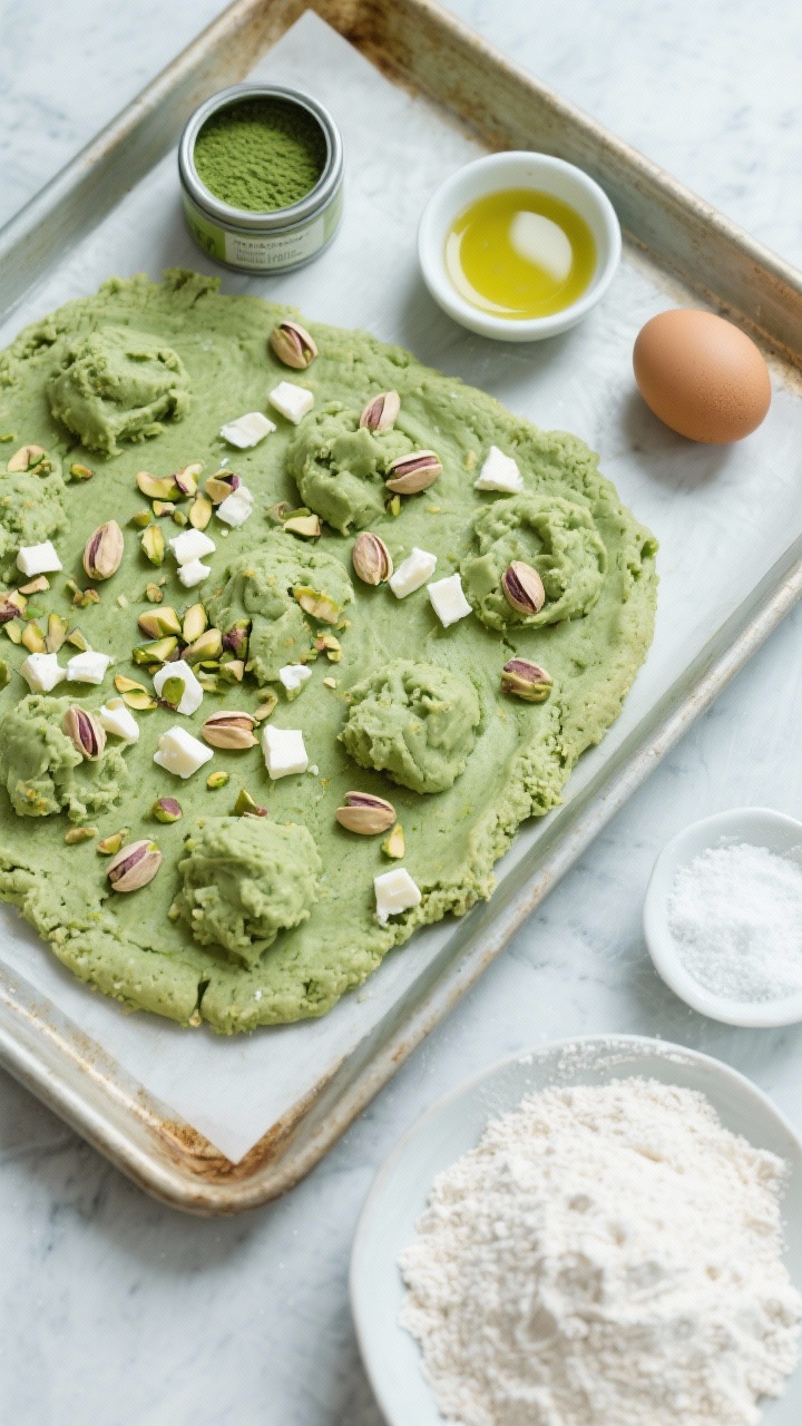 Overhead flat lay of matcha white chocolate pistachio cookie dough scooped onto a sheet pan, vibrant green hue from matcha; chopped pistachios and white chocolate chunks visibly folded in; ingredients arranged neatly: tin of matcha, coconut sugar, a small dish of olive oil, egg, and white whole wheat flour; clean, modern styling with a cool-toned backdrop to enhance the green glow.