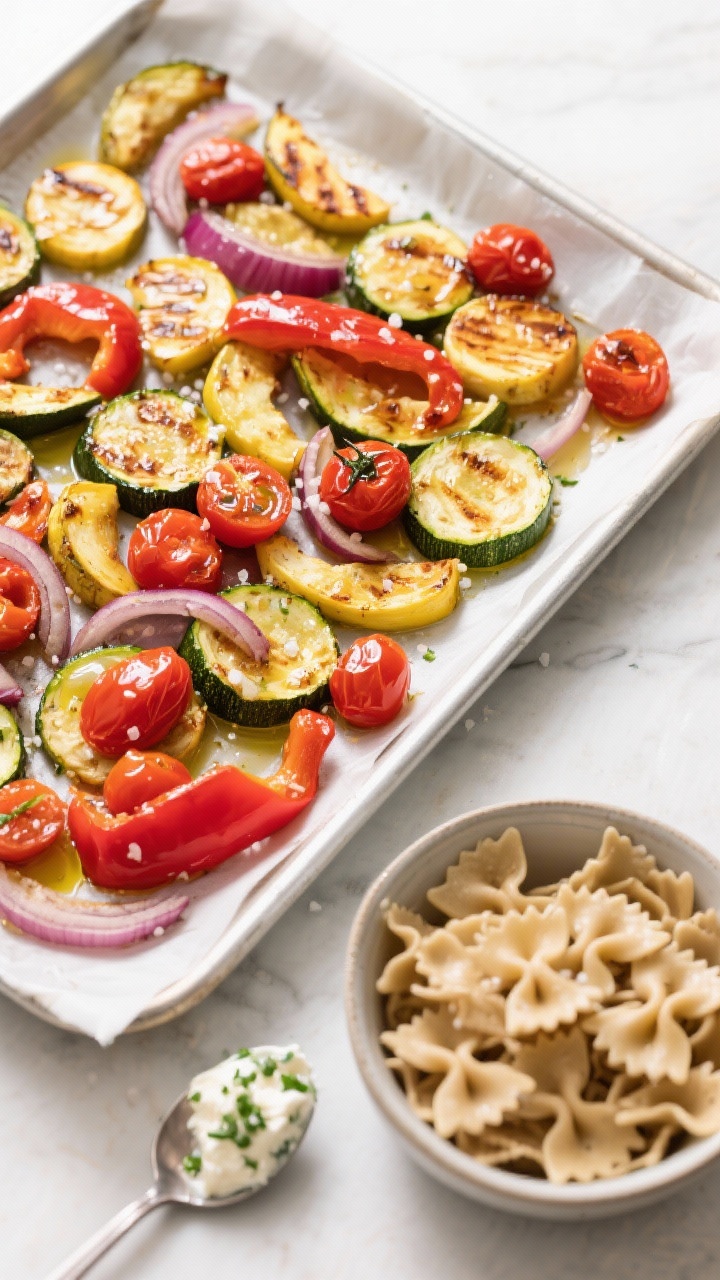 Overhead flat lay of roasted veggie primavera prep: sheet pan with sliced zucchini, yellow squash, red bell pepper, red onion, and whole cherry tomatoes glistening with olive oil and coarse salt; nearby, a bowl of cooked whole-wheat farfalle, a small ramekin of herbed ricotta with green flecks, and a spoon ready for dolloping; warm, oven-kissed colors with caramelized edges, clean baking parchment, bright and inviting composition.