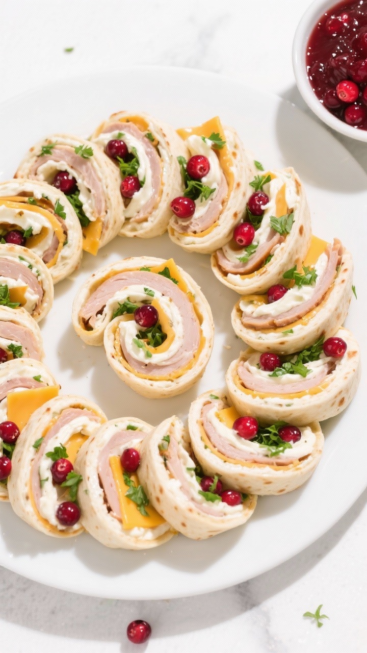 Overhead flat lay of savory turkey cranberry pinwheels neatly sliced and arranged in concentric circles on a white platter: visible spirals of tortillas layered with cream cheese blended with Dijon and a touch of mayonnaise, thin slices of turkey, sharp cheddar, chopped fresh parsley and herbs, and streaks of cranberry; clean edges, vibrant red and green flecks; a small bowl of extra cranberry sauce on the side; bright, clean styling with crisp shadows for a party-ready look.