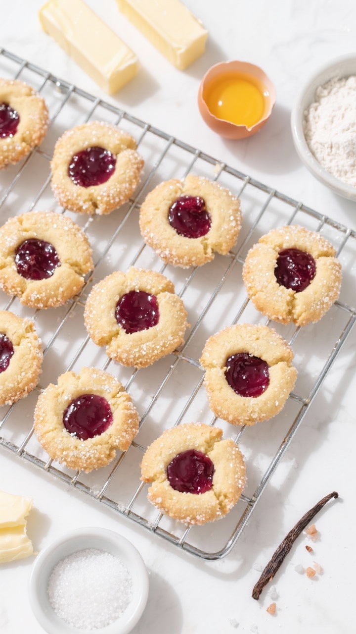 Overhead flat lay of sparkling sugar plum thumbprints on a cooling rack: buttery thumbprint cookies rolled in coarse sanding sugar glittering under light, centered wells filled with deep plum jam; surrounding ingredients include softened butter sticks, a bowl of granulated sugar, a cracked egg showing yolk, vanilla extract, flour, and fine salt; clean, bright styling with jewel-tone accents.
