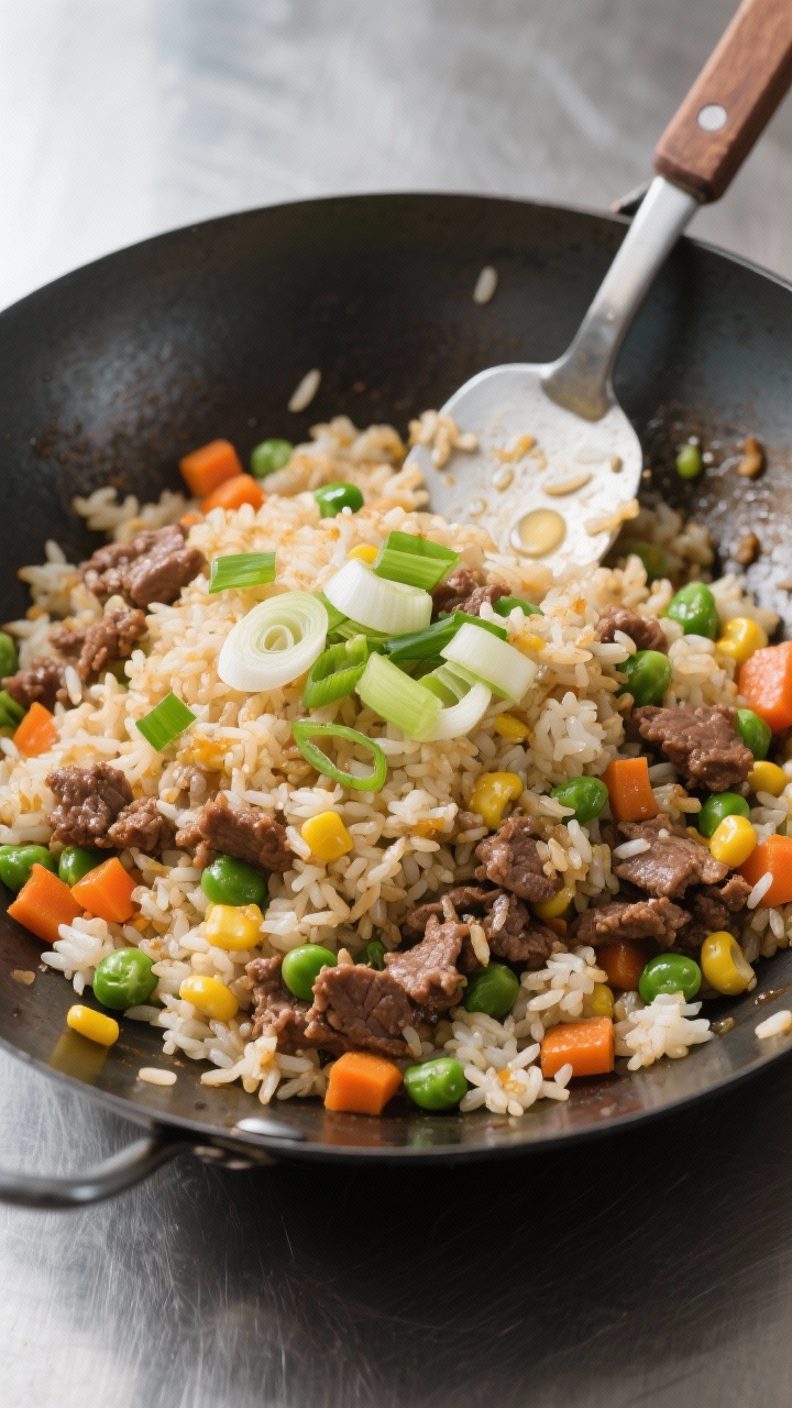 Overhead flat lay of weeknight beef fried rice in a carbon-steel wok: loose, separate grains of day-old rice, browned ground beef, frozen mixed vegetables (peas, carrots, corn) popping with color, and sliced scallions (white and green parts) scattered on top. A thin sheen of neutral oil glistens; a spatula tucked under a mound of rice to show toss action. Clean, high-contrast lighting on a stainless counter for a fast, takeout-at-home vibe.