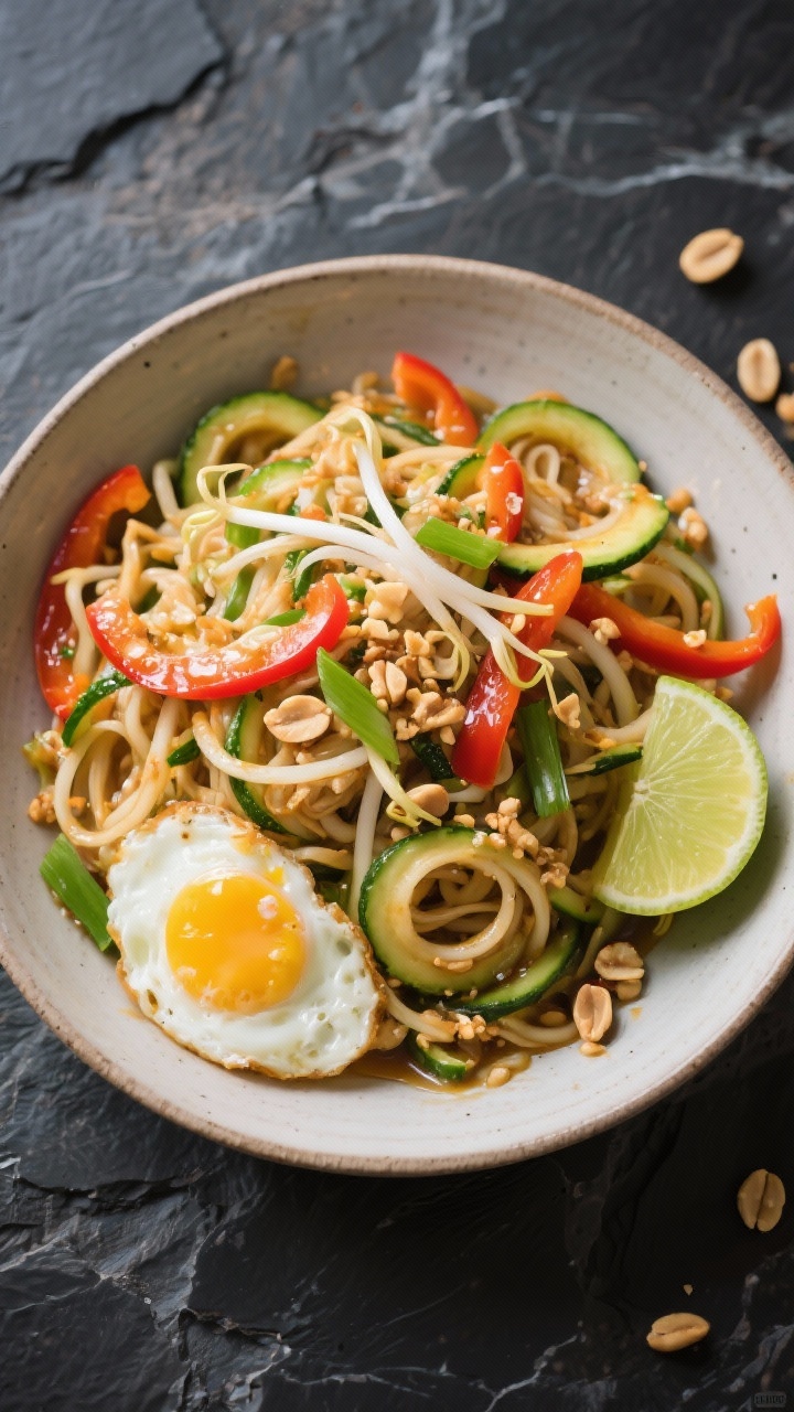 Overhead flat lay of zucchini noodle Pad Thai in a wide shallow bowl: glossy spiralized zucchini strands tossed with lightly set ribbons of egg, thin bell pepper strips, sliced green onion, and bean sprouts; garnished with crushed peanuts and a wedge of lime for a peanut-lime crunch; a drizzle of neutral oil sheen, vibrant Thai-inspired colors, minimal props on a dark stone surface