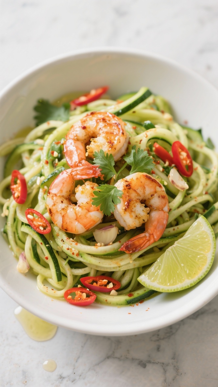 Overhead flat lay: Zesty zucchini noodle bowl (“zoodles”) piled high in a matte white bowl, topped with chili-lime shrimp seared in olive oil with minced garlic, visible chili powder speckles and a glossy lime wedge on the side; sprinkle of chopped cilantro and thin red chili slices for pop; bright, fresh mood on a light stone surface, small drizzle of olive oil glistening on the shrimp.