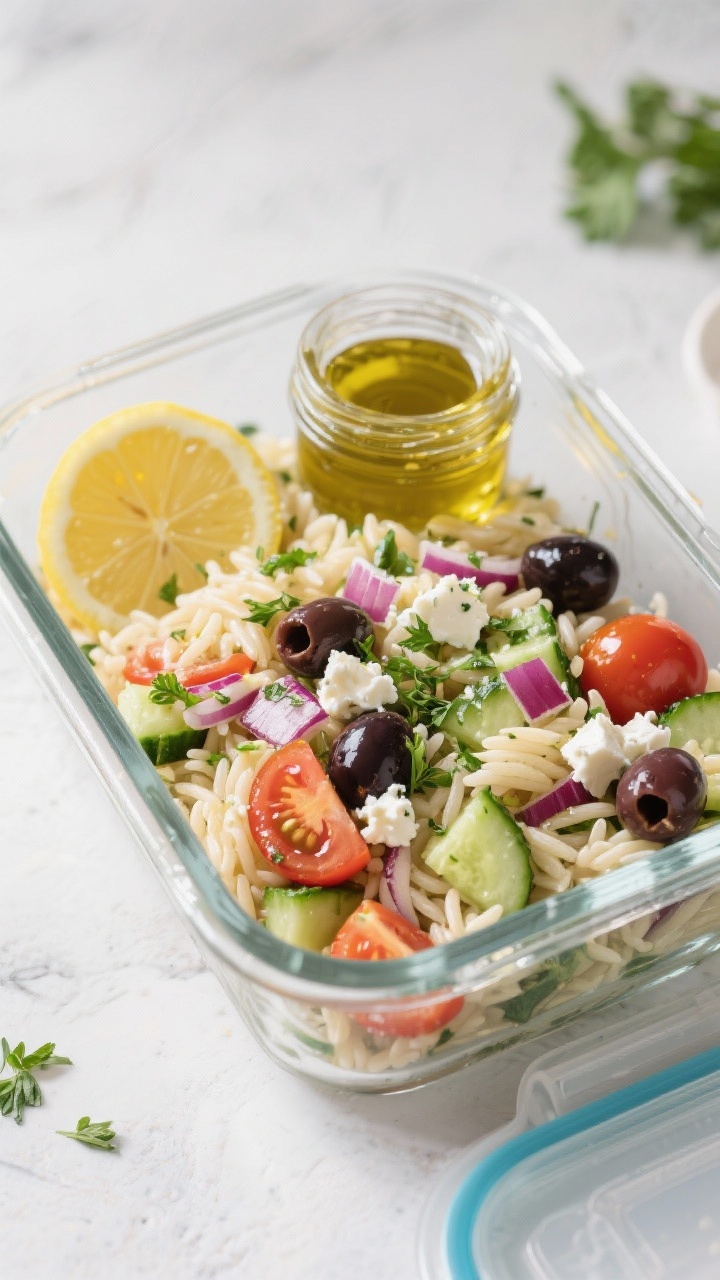 Overhead Greek orzo salad in a travel-friendly container: cooked orzo tossed with chopped cucumber, halved cherry tomatoes, diced red onion, halved Kalamata olives, crumbled feta, and chopped fresh parsley, glistening with a lemon-oregano olive oil dressing; packed in a glass meal-prep box with a lemon wedge and extra dressing in a mini jar; crisp colors, ready-to-pack vibe.