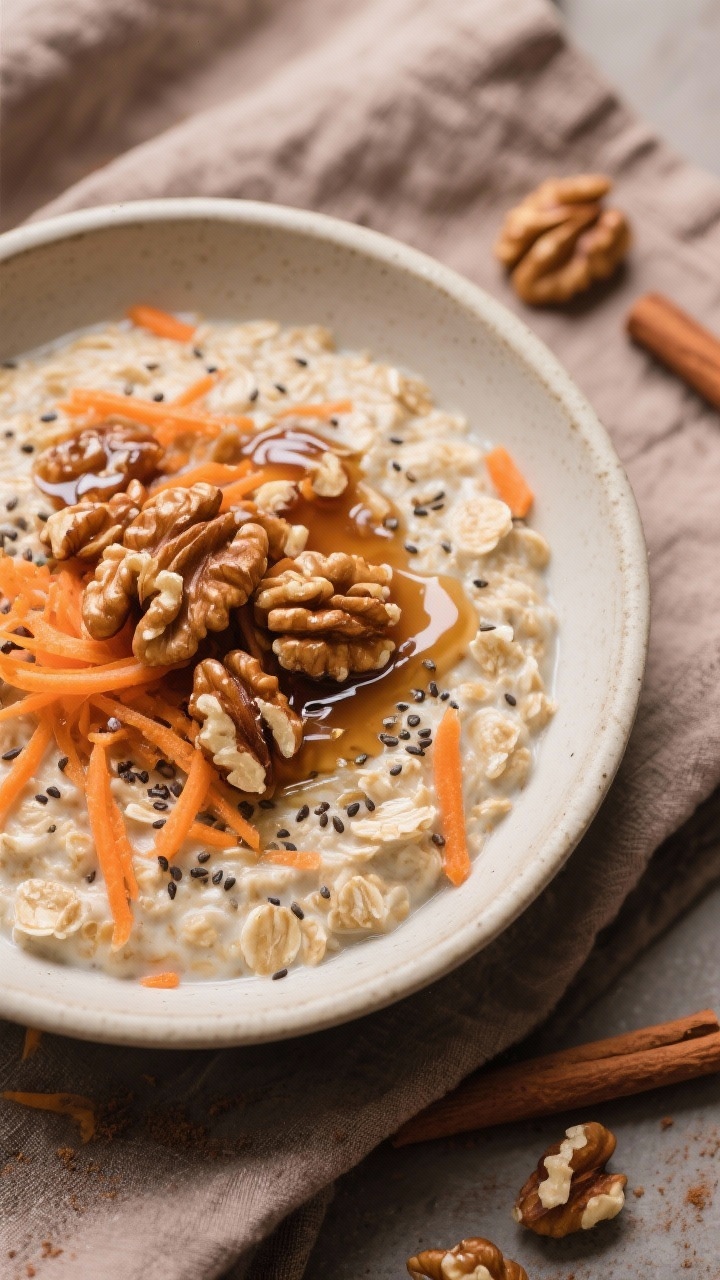 Overhead hero shot of carrot cake oats in a wide, low bowl: creamy oats folded with finely grated carrot and chia seeds, maple syrup glistening, topped with a maple walnut crunch (toasted walnut pieces lightly glazed), a pinch of warm spice (cinnamon) dusted across; muted earthy linens, grated carrot shreds and a few walnut halves scattered artfully, bright orange flecks contrasting the creamy base.