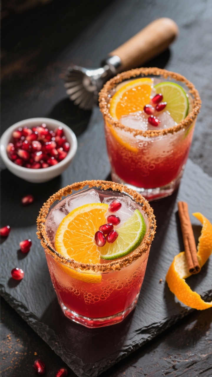 Overhead hero shot of Pomegranate Orange Smash with a dramatic cinnamon sugar rim: vibrant mix of 100% pomegranate juice, fresh orange juice, and lime juice, lightly sweetened with simple syrup, finished with chilled ginger beer for lift. Glasses rimmed in sparkling cinnamon sugar, filled with crushed ice, pomegranate arils, orange half-moons, and lime wheels. Style on a dark slate to make ruby and amber tones pop; include a small bowl of arils, a citrus juicer, and a strip of orange peel; bright, directional light to catch the bubbles.