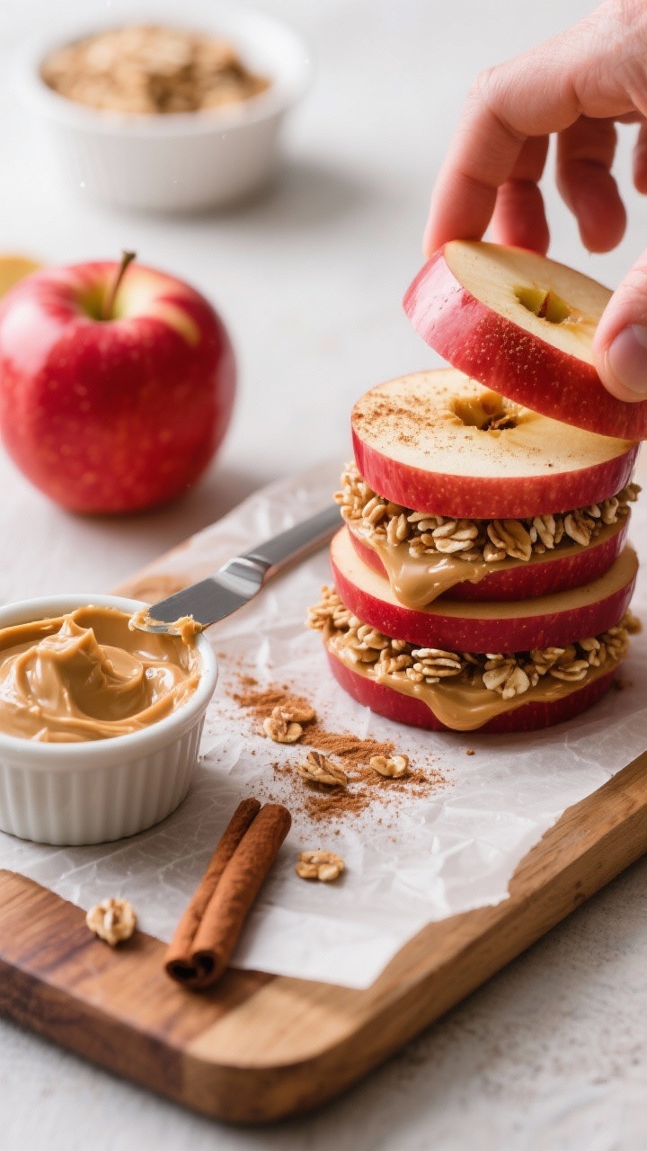Overhead ingredient-action shot of apple stackers being assembled: crisp Honeycrisp apple rounds cored and layered with creamy peanut butter, sprinkled with cinnamon, topped with crunchy granola; a small bowl of peanut butter with a butter knife, a ramekin of granola, and a dusting of cinnamon on a parchment-lined wooden board; vivid reds and warm browns, tack-sharp textures, natural daylight.
