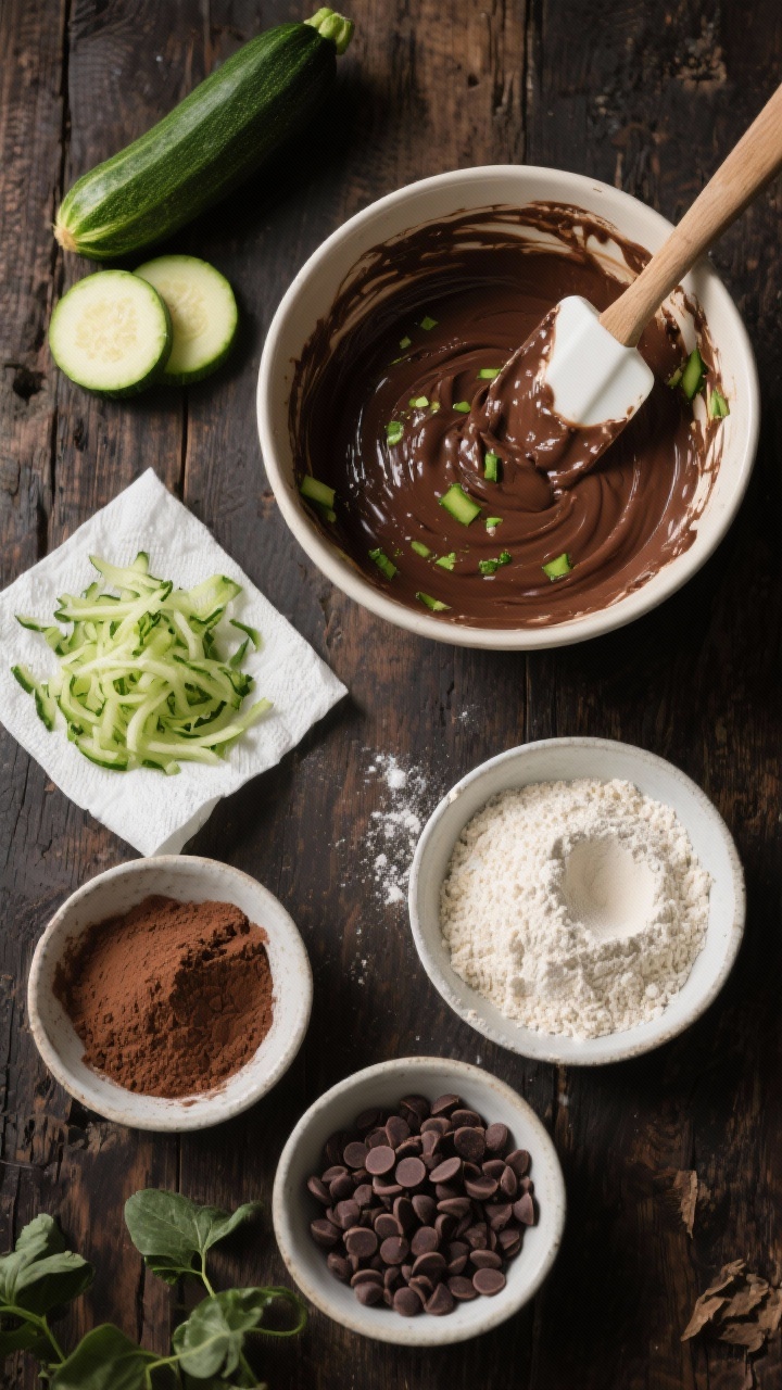 Overhead ingredient-and-batter prep shot for double-chocolate zucchini brownies: grated zucchini blotted on paper towels, white whole wheat flour, unsweetened cocoa powder, baking soda, baking powder, and chocolate chips in small bowls. A mixing bowl with thick chocolate batter and a spatula coated in batter, flecks of green zucchini visible. Earthy, garden-fresh vibe with a few zucchini rounds and a dark rustic wood surface, emphasizing the “secret garden” element.