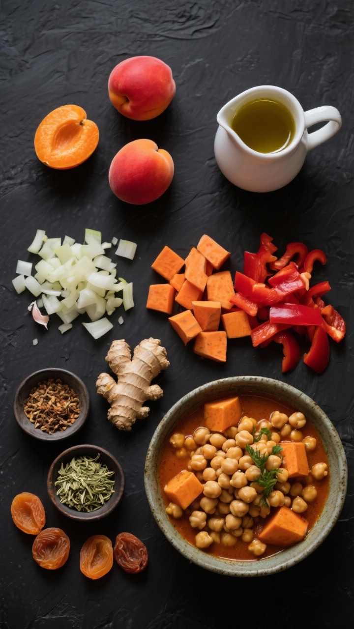 Overhead ingredient-and-prep flat lay for Moroccan chickpea stew: neatly arranged diced onion, minced garlic, grated fresh ginger, sliced carrots, chopped red bell pepper, peeled sweet potato chunks, and a bowl of chickpeas alongside dried apricots; warm spices in small pinch bowls (cumin, coriander, cinnamon suggested styling), olive oil in a tiny pitcher; vibrant oranges and reds, textured apricots, all on a matte charcoal backdrop to hint at the stew’s earthy, sweet-savory profile.