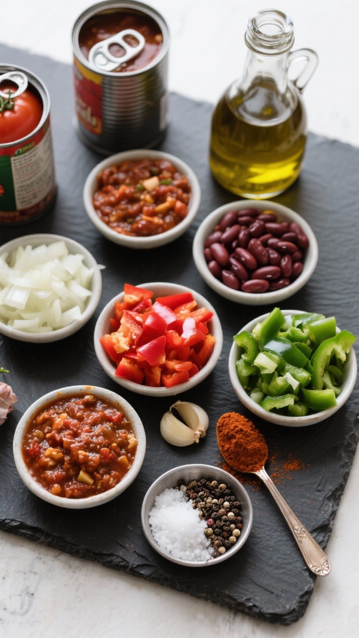 Overhead ingredient flat lay for hearty veggie chili: diced onion, red and green bell peppers, minced garlic, heaping spoons of chili powder and ground cumin, plus kosher salt and black pepper arranged in small bowls; cans of tomatoes and beans implied by opened tins, and a drizzle-ready bottle of olive oil. Set on a dark slate board for color pop; labels removed, everything neat and ready for the crockpot. Clean, editorial style.