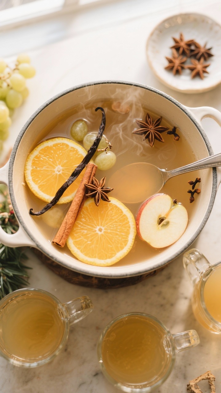 Overhead ingredient-meets-simmer shot of Mulled White Grape & Vanilla Cider in a wide, shallow pot: white grape juice and apple cider gently heated with orange and lemon slices, split vanilla bean, whole cloves, a cinnamon stick, and star anise. Citrus wheels and spices floating like a tapestry; faint steam visible. Include a ladle, clear glass mugs ready for serving, and a small dish holding extra star anise. Golden tones and cozy, holiday ambiance with natural window light.