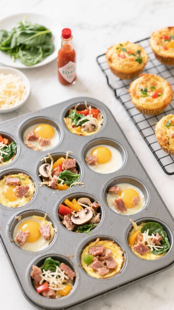 Overhead ingredient-prep and finished scene for Make-Ahead Egg Muffins: a muffin tin filled with whisked eggs and milk, studded evenly with cooked turkey sausage or diced turkey breast, diced bell peppers, chopped mushrooms, baby spinach, and a sprinkle of shredded cheese; a few baked muffins on a cooling rack to the side showing golden tops and colorful veggie specks; small bottle of hot sauce nearby, clean, bright kitchen light.