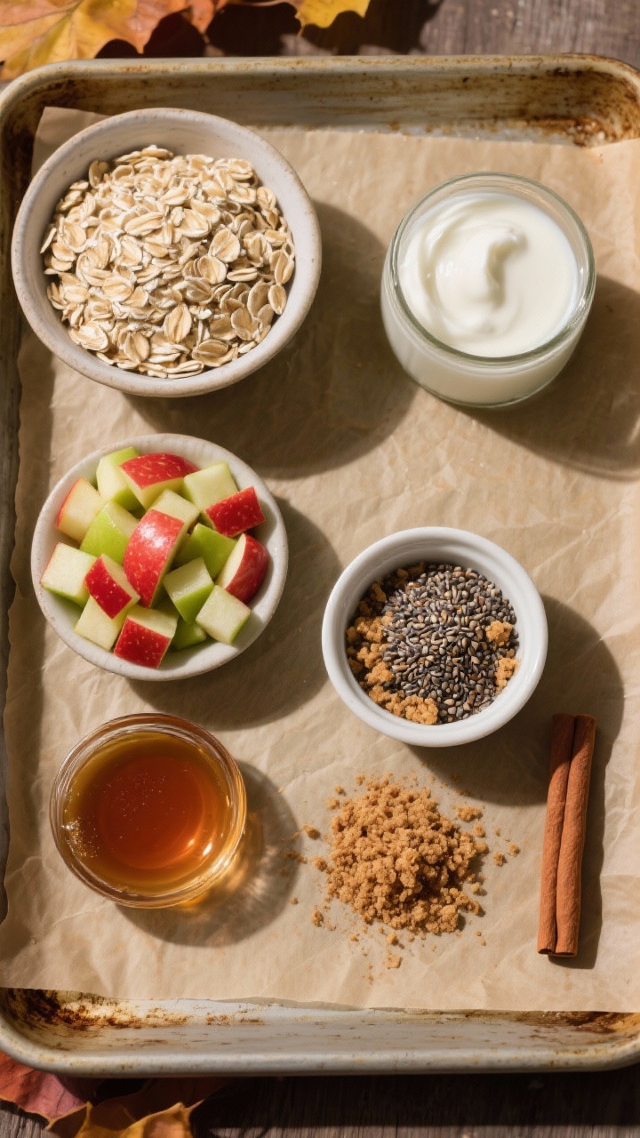 Overhead ingredient-prep flat lay for apple pie oats: bowls of old-fashioned rolled oats, milk, plain Greek yogurt, finely diced Honeycrisp apple, chia seeds, maple syrup, and a small pile of ground cinnamon with a cinnamon stick; a tiny ramekin of maple-cinnamon streusel crumbs for “crunch,” arranged neatly on a baking sheet parchment; rustic autumn tones, crisp shadows, emphasizing the red-green apple cubes and warm spices.
