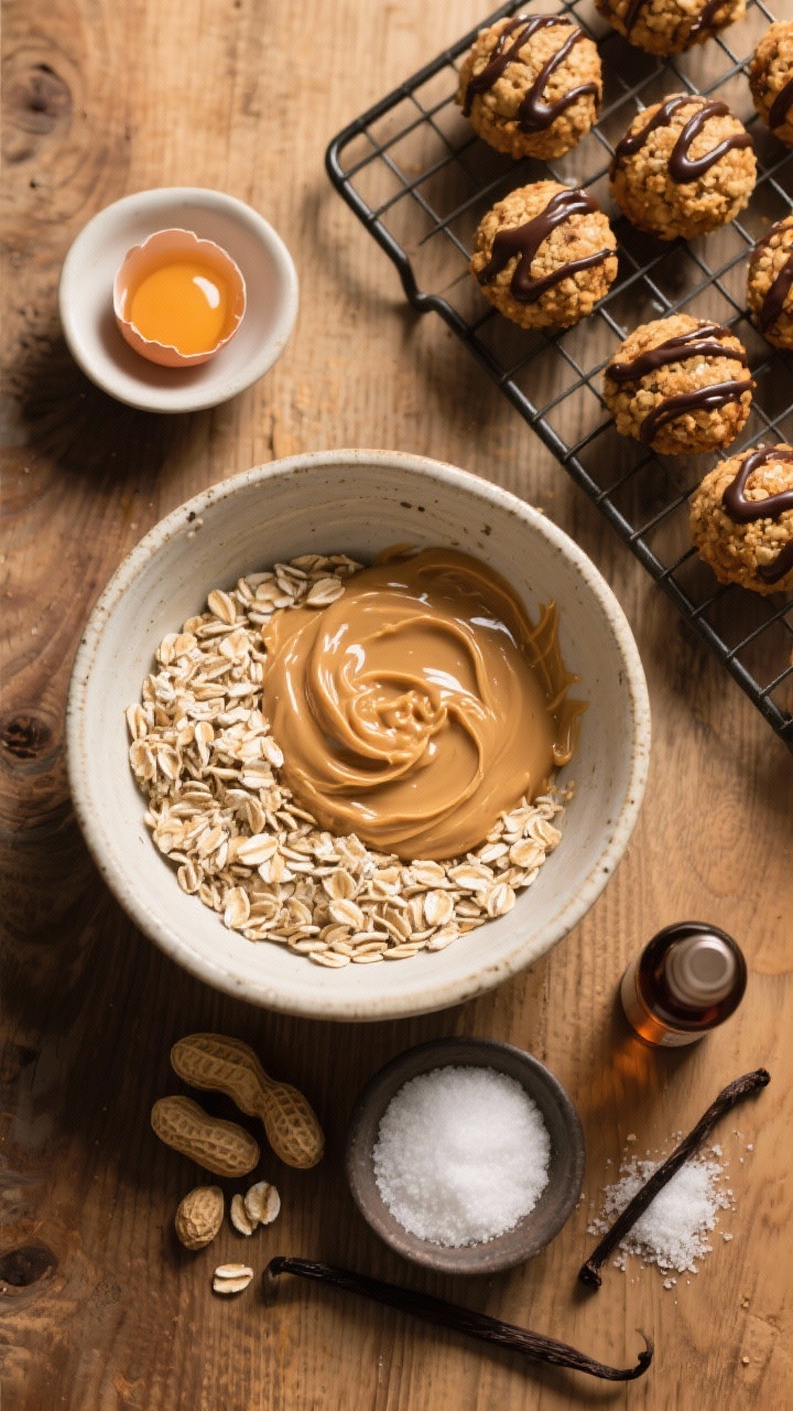 Overhead ingredient-prep scene for flourless peanut butter oat bites: a mixing bowl of quick oats, natural peanut butter ribboning in, maple syrup glistening, an egg cracked in a small dish, vanilla extract, baking soda, and a pinch of salt arranged neatly. Off to one side, finished round bites on a rack with a delicate dark chocolate drizzle setting. Warm, cozy light with a wooden surface to highlight the rustic, flourless appeal.