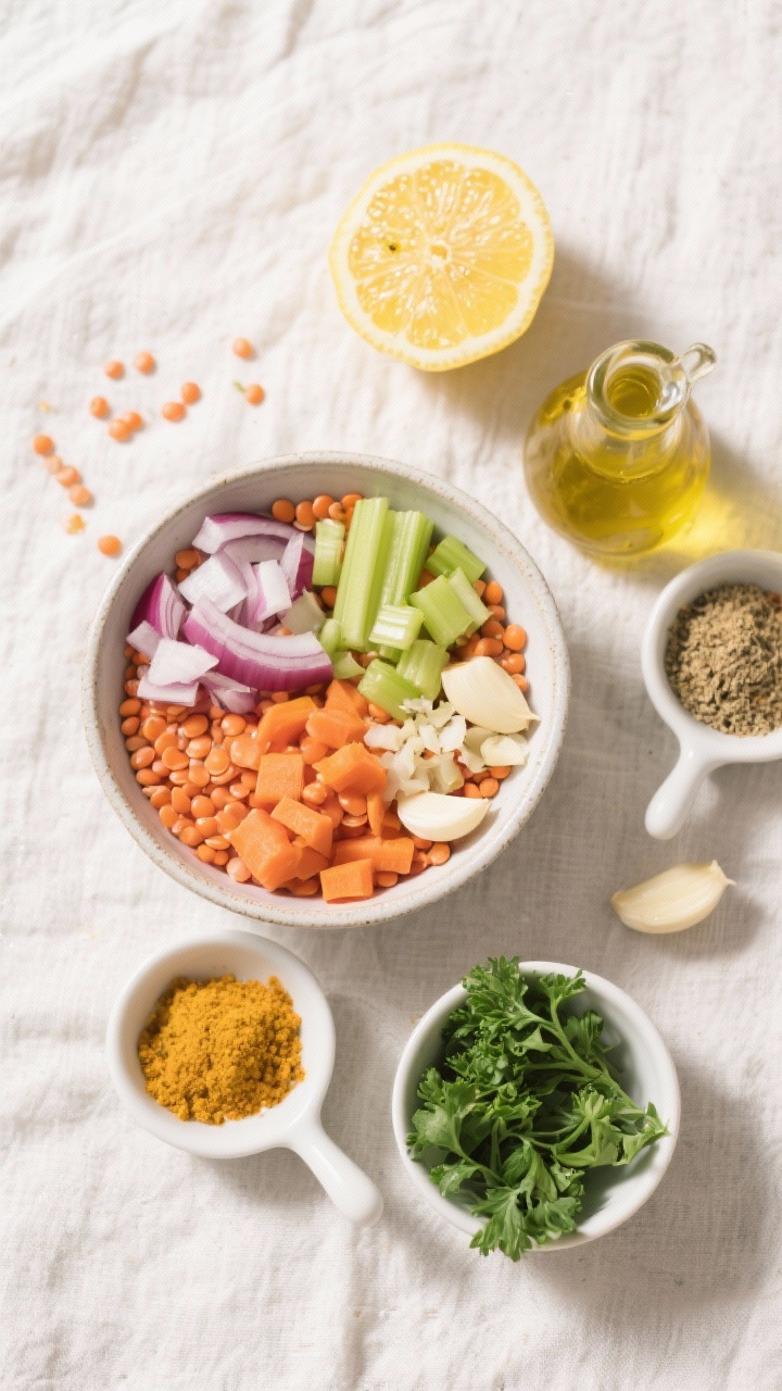 Overhead ingredient prep shot for sunshine lentil lemon soup: neat flat lay on a light linen—rinsed red lentils in a bowl, diced onion, diced carrots, diced celery, minced garlic, ground turmeric and cumin in pinch bowls, bright lemons (one zested and halved), olive oil in a small cruet, fresh parsley; vibrant yellow-orange palette suggesting brightness; clean, editorial styling.