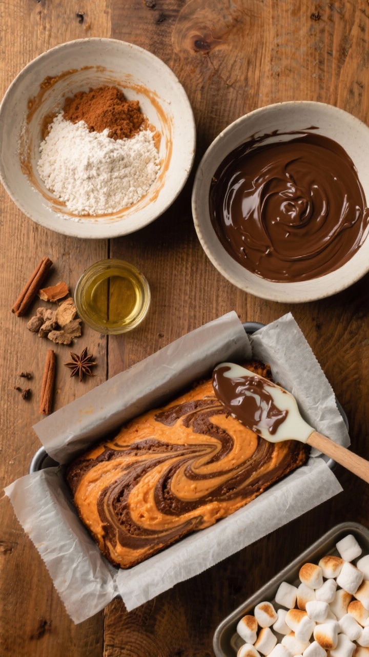 Overhead ingredient-prep shot for sweet potato chocolate swirl bread: two bowls side by side—one with spiced sweet potato batter (flour, baking soda/powder, salt, cinnamon, nutmeg, ginger, neutral oil) and another with glossy chocolate for swirling; a loaf pan lined with parchment ready to fill, a spatula trailing a marbled pattern, and a tray of mini marshmallows set aside for toasting; warm earthy palette, clean mise en place on a wooden surface.