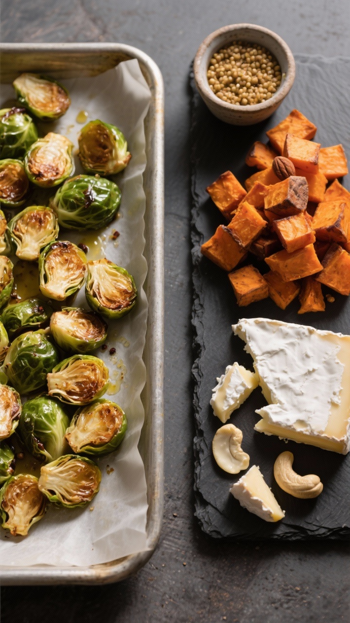 Overhead ingredient-prep shot highlighting plant-powered autumn textures: a parchment-lined tray with halved roasted Brussels sprouts (olive oil, salt, pepper) and caramelized roasted sweet potato cubes on one side; on a slate board beside it, a mound of smoked almond cheese or cashew-based soft cheese, slices of Manchego or an aged plant-based cheese alternative, and a ramekin of whole-grain mustard. Earthy greens and oranges, matte ceramics, natural daylight. Emphasize the roasted edges and nutty cheese textures, no people.