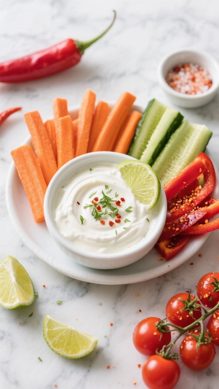 Overhead ingredient-prep shot of Fiery Greek Yogurt Ranch with chili-lime veggies: a white ceramic bowl of thick plain Greek yogurt whisked with ranch herbs, chili flakes, lime zest, and a squeeze of lime; surrounded by crisp carrot sticks, cucumber spears, red bell pepper strips, and cherry tomatoes dusted with chili-lime seasoning, on a cool marble surface with a small ramekin of extra chili-lime salt, clean bright lighting, vibrant and zesty mood.