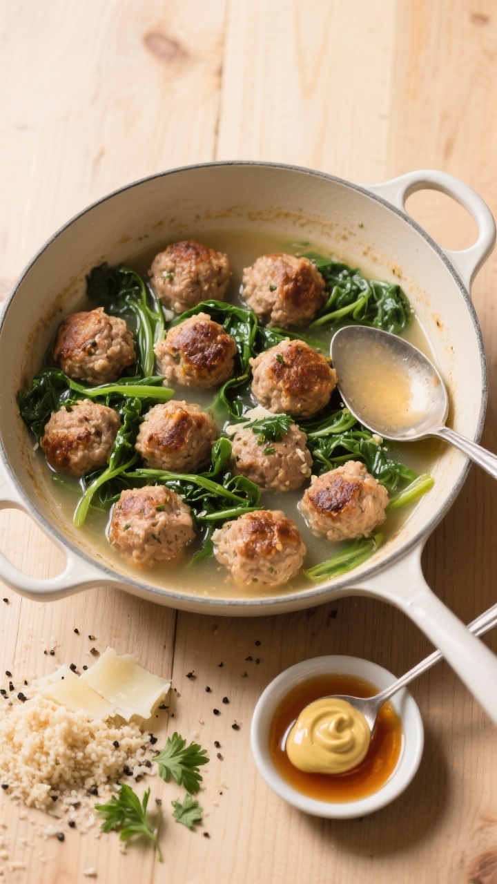 Overhead ingredient-to-assembly scene for Maple Dijon Turkey Meatballs in brothy greens: pan of browned turkey meatballs (lean turkey, panko, egg, Parmesan, garlic, onion powder, salt, pepper) nestled in a light, clear broth with ribbons of wilted greens; a small dish of maple syrup and Dijon mustard glaze beside, spoon mid-drip; served in a wide pot with ladle, sprinkled with cracked black pepper and parsley, clean wooden table, bright, wholesome mood.