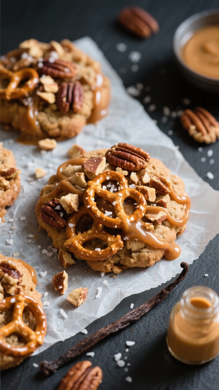 Overhead ingredient-to-assembly scene for salted caramel pretzel pecan cookies: mounded clusters on parchment, ribbons of thick caramel glistening and binding crushed mini pretzels, chopped toasted pecans, and a touch of peanut or almond butter; flaky salt sprinkle for finish, vanilla extract bottle partially in frame; contrasty lighting to emphasize glossy caramel and crunchy textures on a dark slate background.