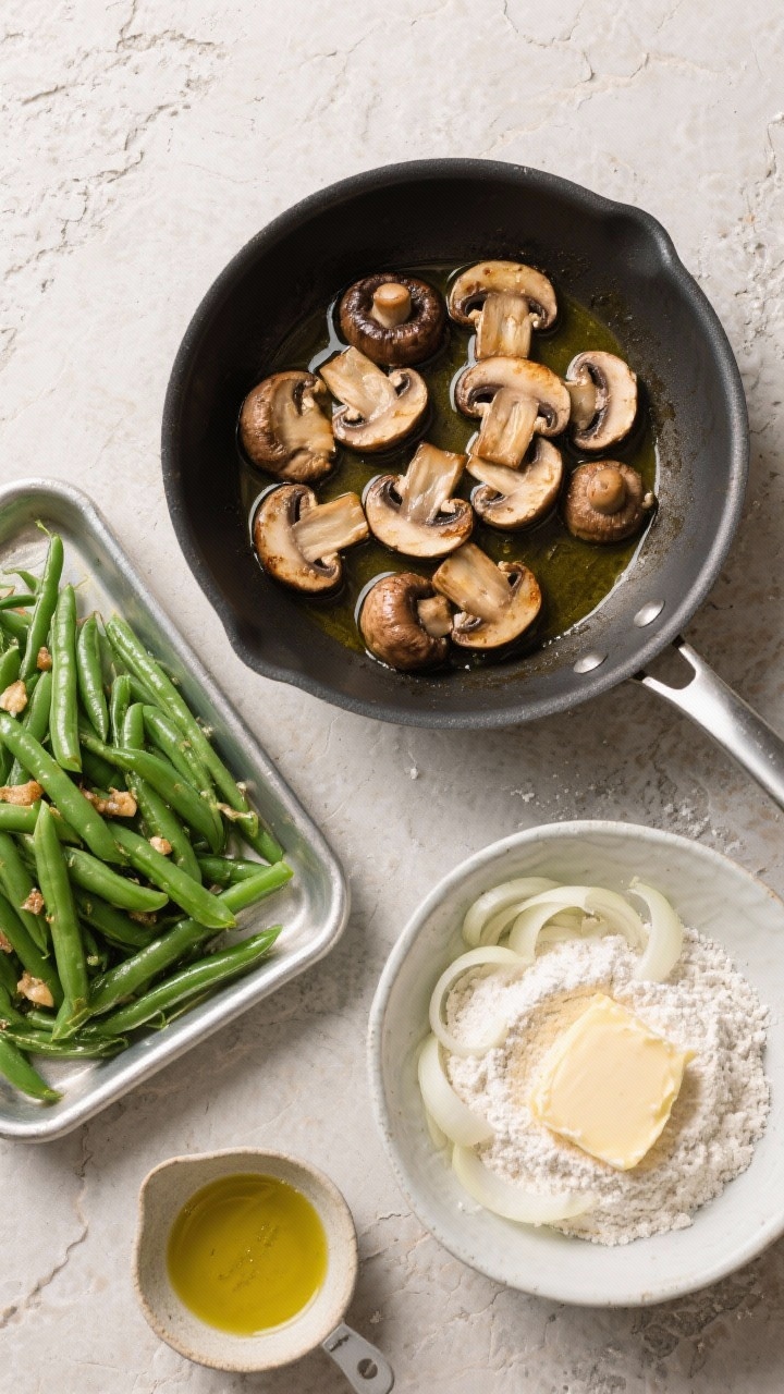 Overhead ingredient-to-cook process shot for Green Bean Casserole From Scratch: a sauté pan with cremini/button mushrooms browning in olive oil, a separate tray of vibrant green beans blanched and halved, a bowl of thinly sliced shallots dusted with all-purpose flour ready for crisping, and measured olive oil and unsalted butter nearby. Include a small dish of additional flour for the roux. Neutral stone background, clean styling, emphasis on fresh, upgraded ingredients.