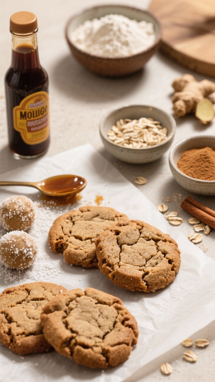 Overhead ingredient-to-cookie transition scene for ginger molasses oat cookies: raw dough balls rolled in sugar on parchment next to baked cookies with chewy edges; styling includes a bottle of unsulfured molasses with a sticky spoon, coconut sugar, rolled oats, white whole wheat flour, ground ginger, and cinnamon in pinch bowls; warm, spiced tones with soft side light highlighting the crackled surfaces.