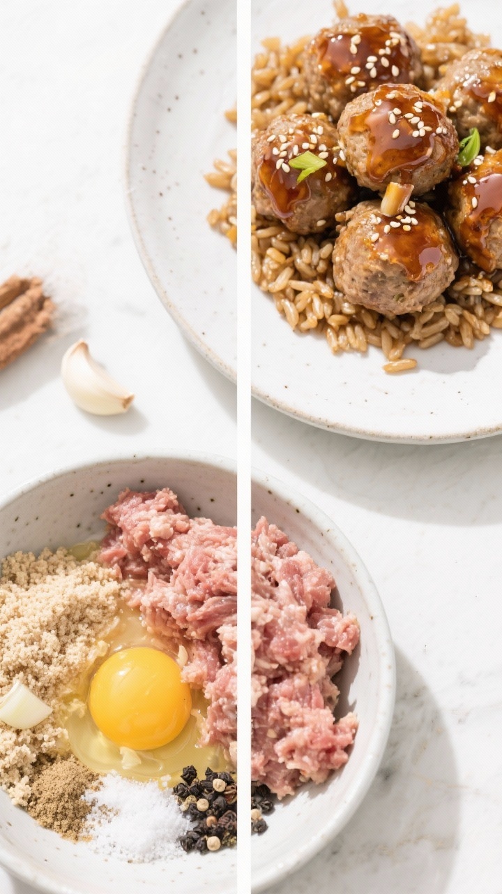 Overhead ingredient-to-finish diptych style: left side shows raw turkey meatball mix in a bowl with visible lean ground turkey, whole-wheat breadcrumbs, egg, minced garlic, onion powder, salt, and black pepper; right side shows glossy honey-garlic glazed turkey meatballs over sesame-studded brown rice; clean modern styling, bright light.