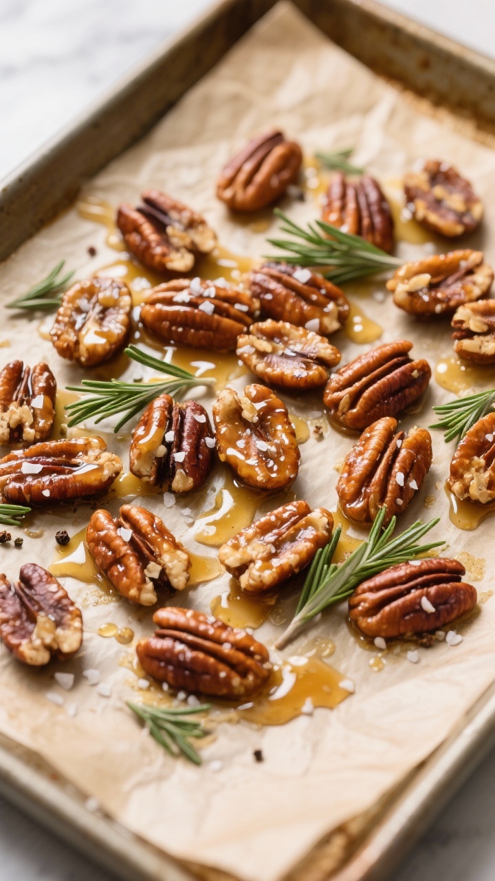 Overhead ingredient-to-finish progression on a parchment-lined sheet pan: pecan halves tossed with maple syrup and Dijon mustard, dotted with melted butter/coconut oil, speckled with chopped rosemary, finished with flaky sea salt and a pinch of pepper; some pecans clustered, some separated; warm, toasty color grading emphasizing sticky glaze and rustic texture.