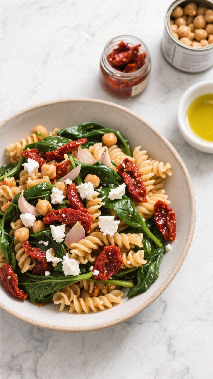 Overhead ingredient-to-finish transition flat lay for sun-dried tomato chickpea pasta with spinach and feta: fusilli/rotini chickpea pasta in a bowl tossed with chopped sun-dried tomatoes in oil, ribbons of sautéed spinach, thinly sliced garlic, and crumbles of feta; to the side, small dishes with olive oil, the sun-dried tomato jar, and a can of chickpeas partly drained; vibrant reds, deep greens, and creamy white feta; clean, modern styling on a light stone surface.