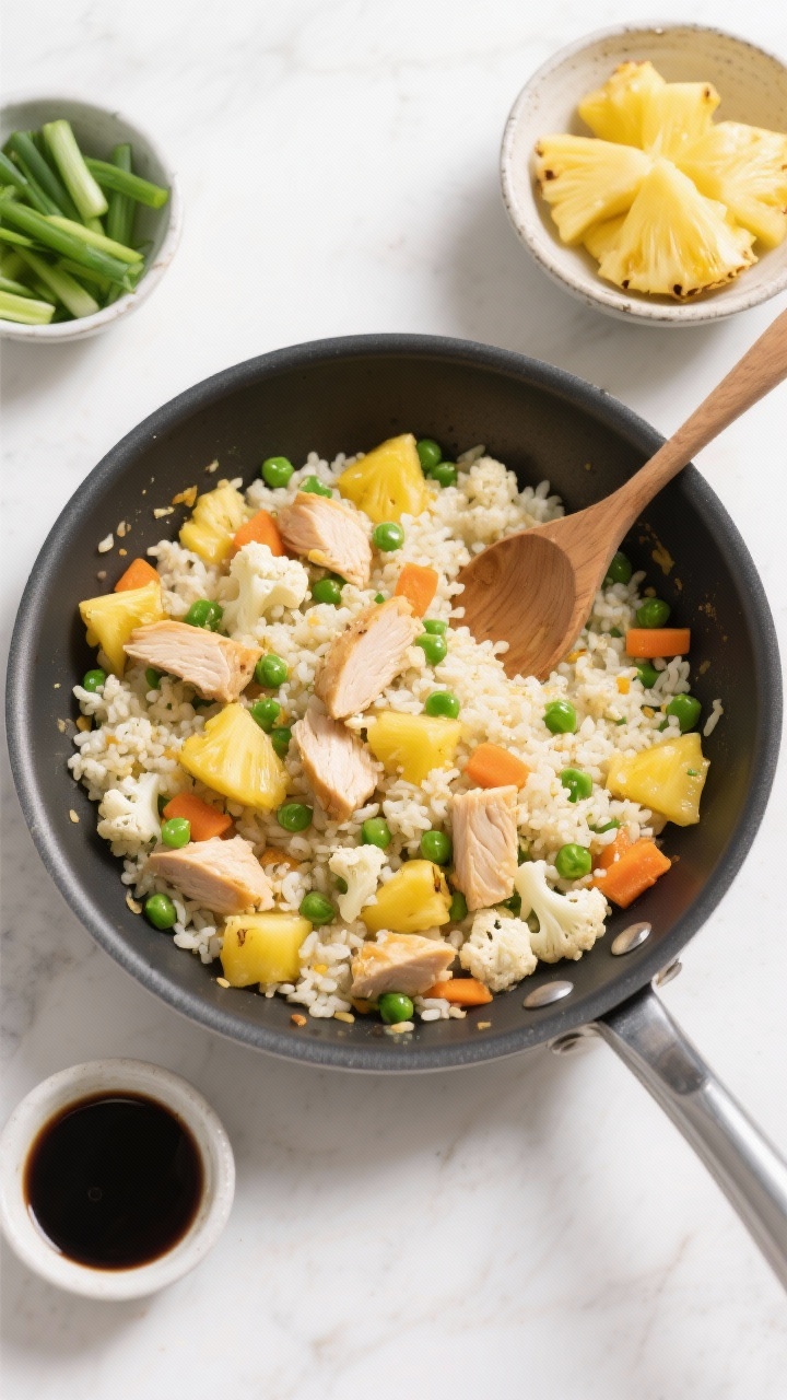 Overhead ingredient-to-pan transition for Cauliflower Fried “Rice”: a nonstick skillet filled with sizzling cauliflower rice studded with diced chicken breast, golden pineapple pieces, and peas and carrots; a wooden spoon stirring; bowls of extra pineapple and green onions on the side; soy-sauce sheen, bright tropical pops of yellow and green, high-key lighting.